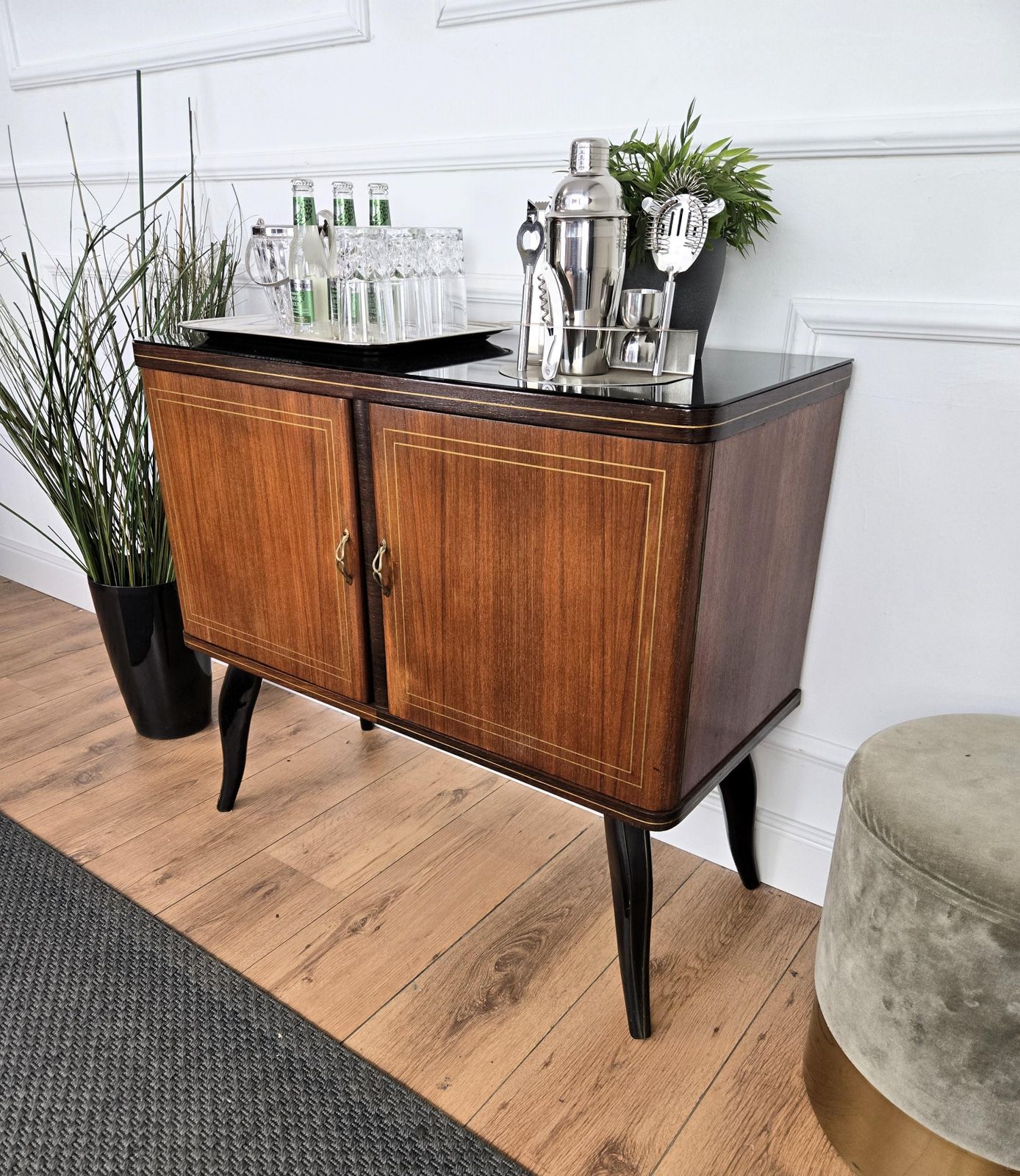 Italian 1950s Mid Century Modern Walnut And Mirror Mosaic Dry Bar Cabinet photo 1948.0