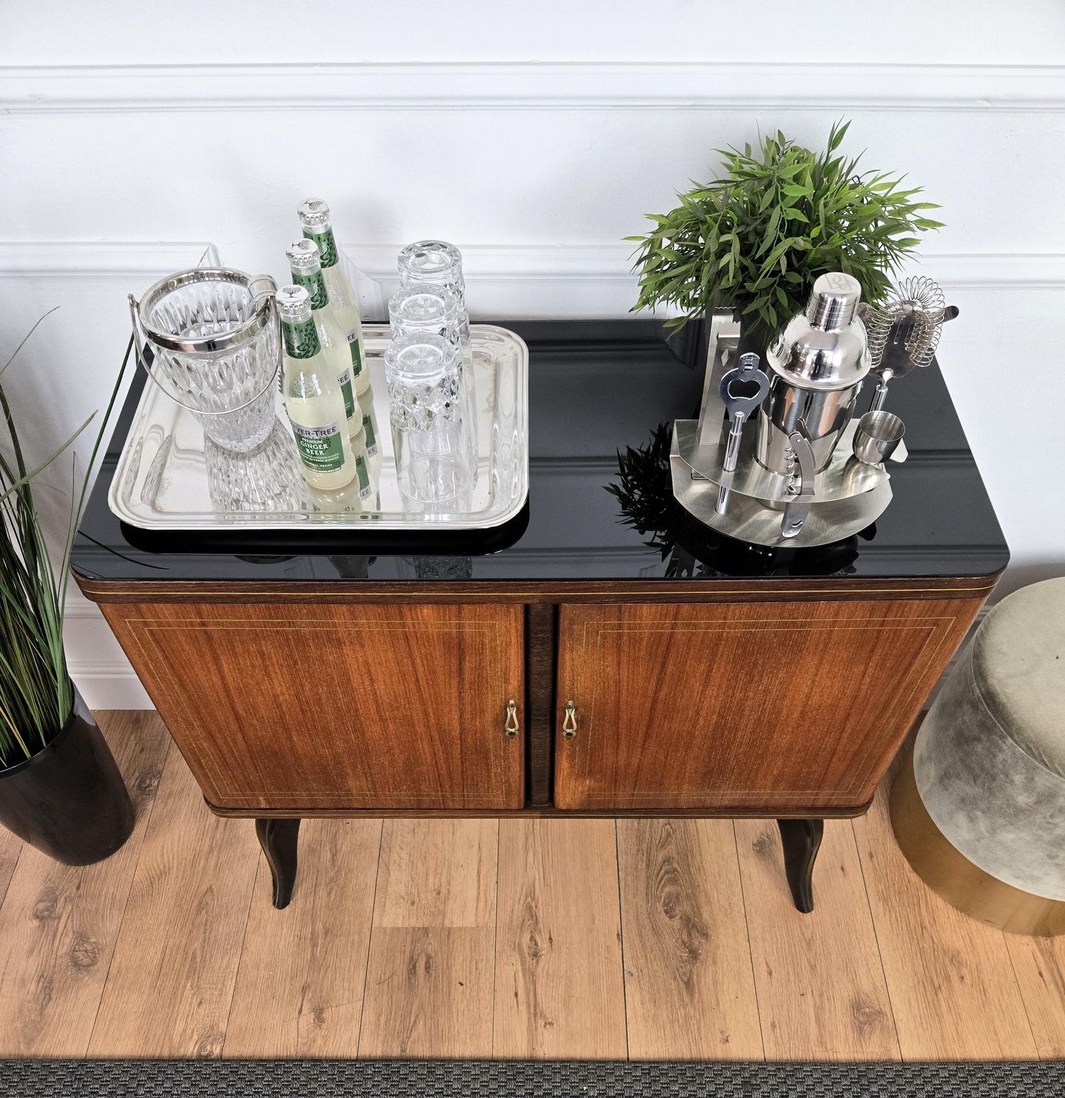 Italian 1950s Mid Century Modern Walnut And Mirror Mosaic Dry Bar Cabinet photo buy