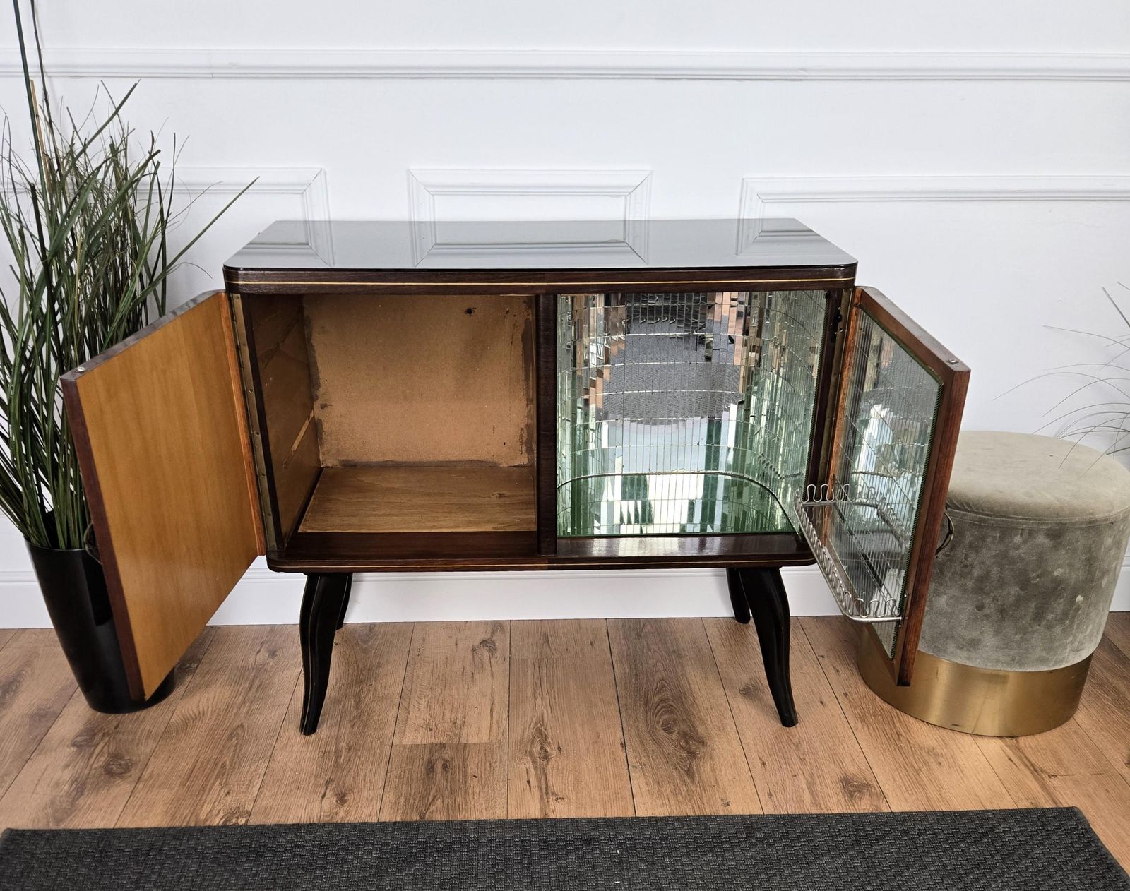 photo for sale Italian 1950s Mid Century Modern Walnut And Mirror Mosaic Dry Bar Cabinet