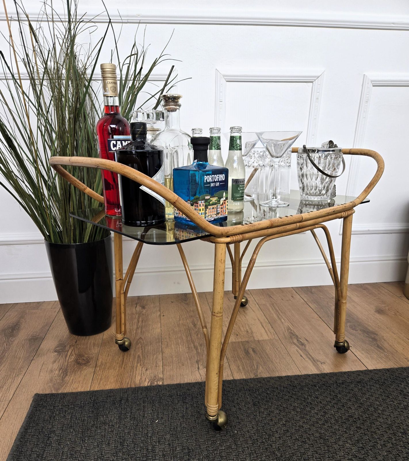 1970s Italian Bamboo Rattan Glass Bohemian French Riviera Serving Bar Cart photo Furniture