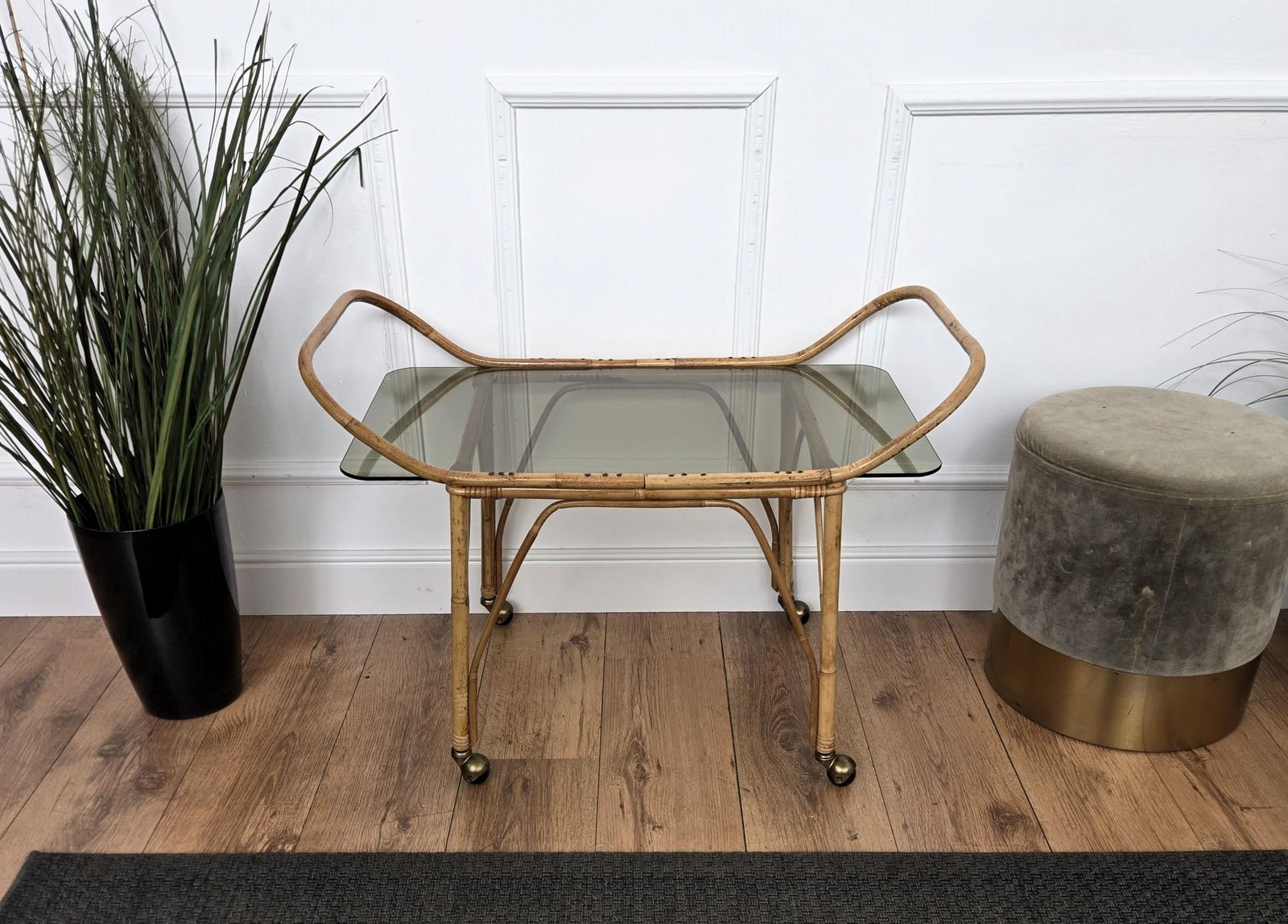 1970s Italian Bamboo Rattan Glass Bohemian French Riviera Serving Bar Cart photo vinterior