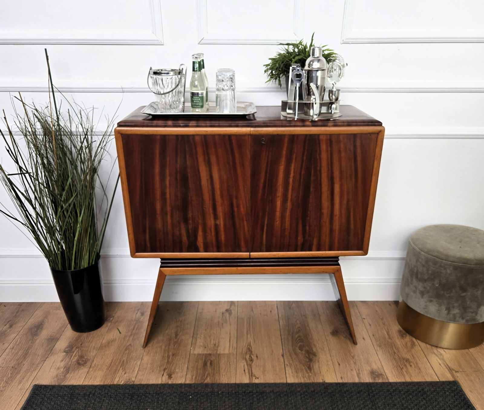 1950s Art Deco Midcentury Italian Walnut Mirror Mosaic Sideboard Bar Cabinet photo furniture