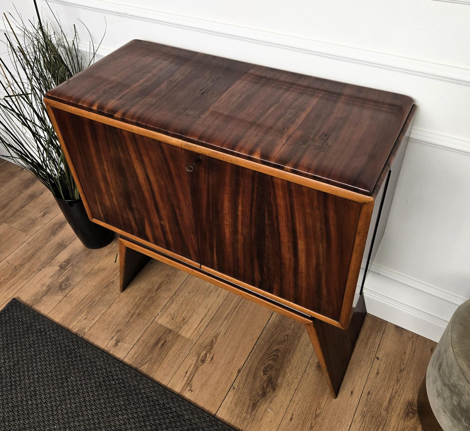 3466.0 1950s Art Deco Midcentury Italian Walnut Mirror Mosaic Sideboard Bar Cabinet photo