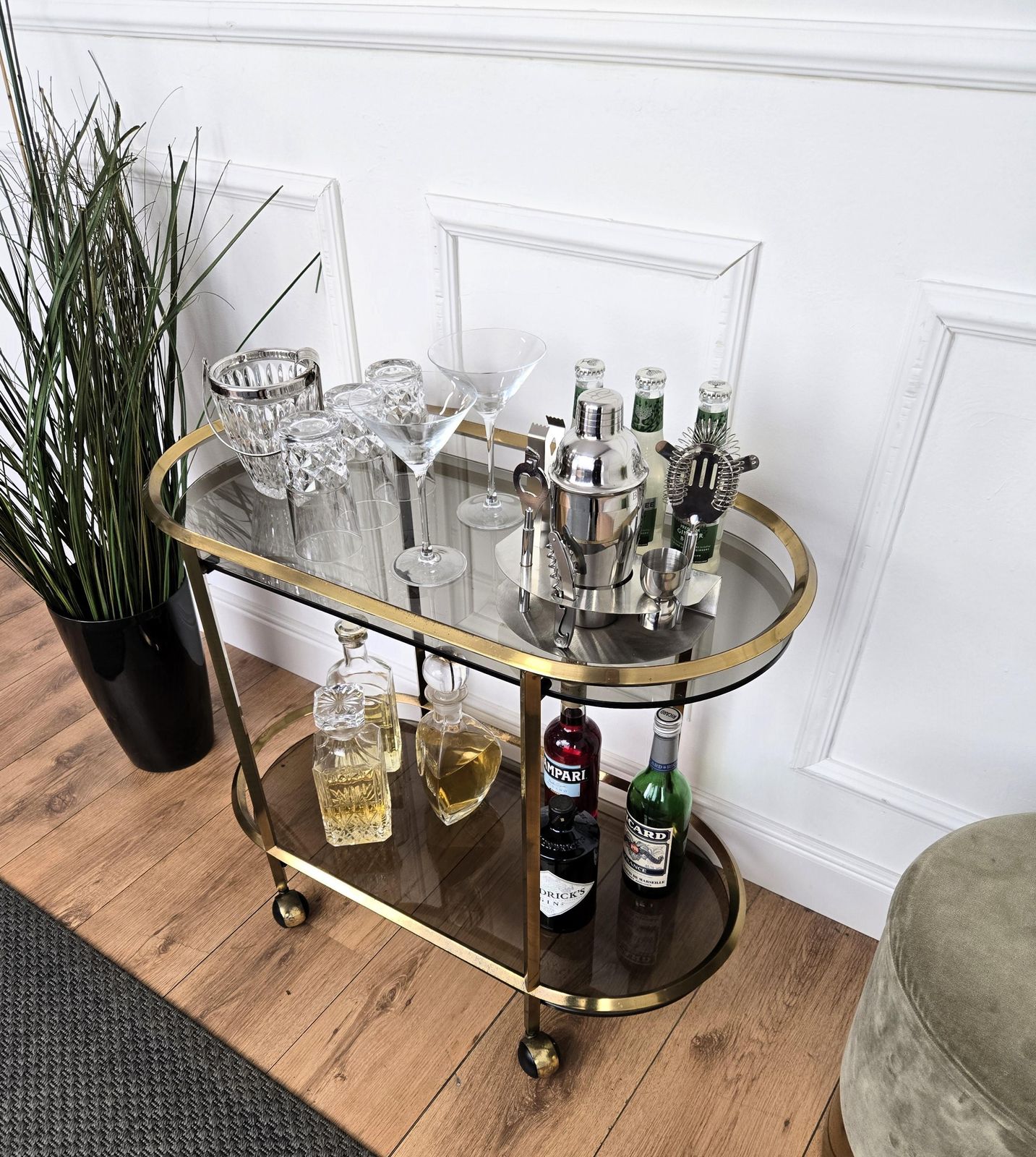 1960s Italian Two Tier Brass And Glass Bar Cart With Dark Glass Top photo for sale