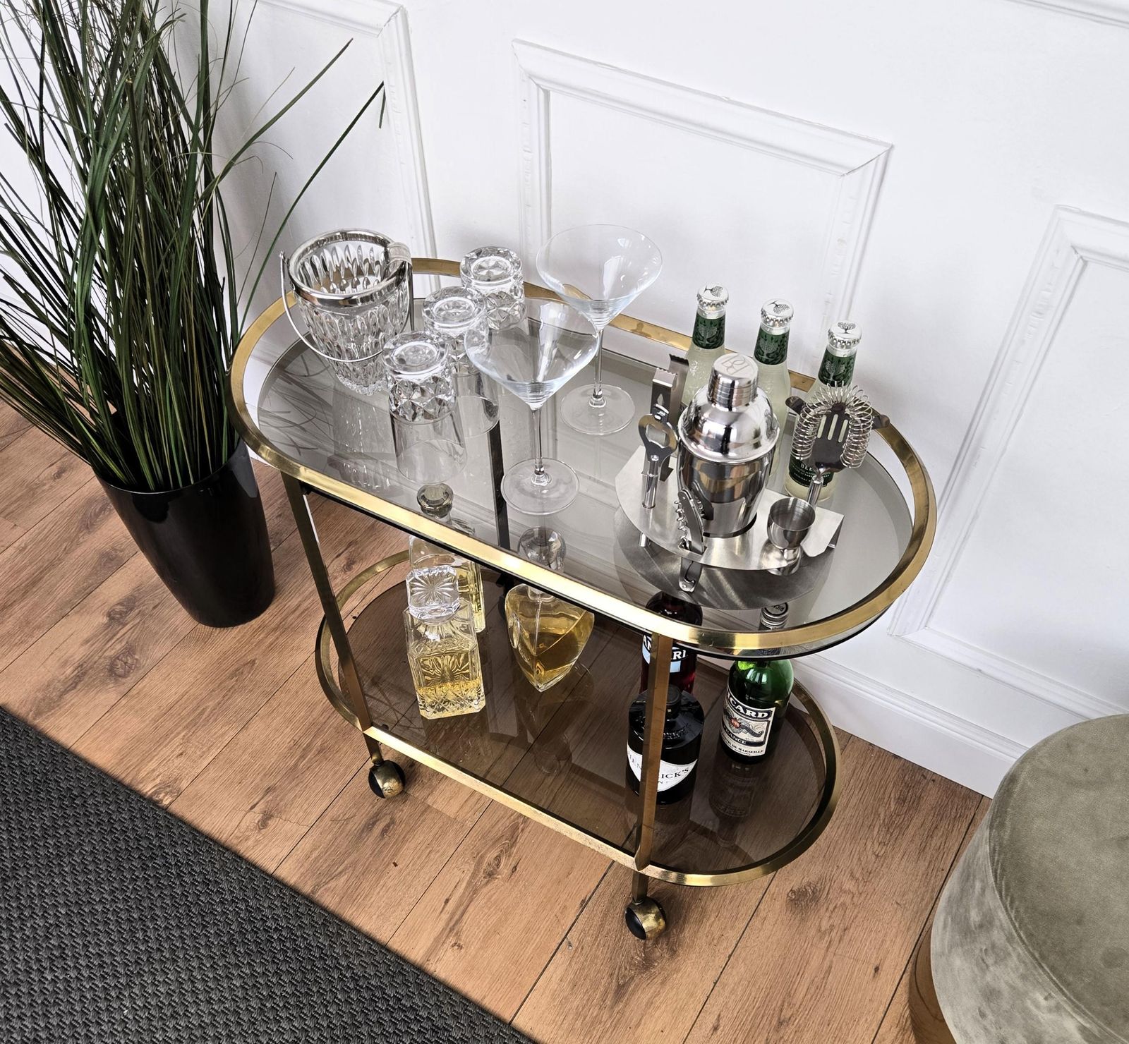 1960s Italian Two Tier Brass And Glass Bar Cart With Dark Glass Top photo Home Decor