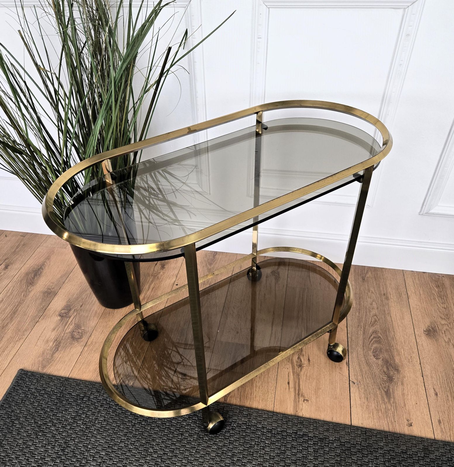 1960s Italian Two Tier Brass And Glass Bar Cart With Dark Glass Top photo vintage