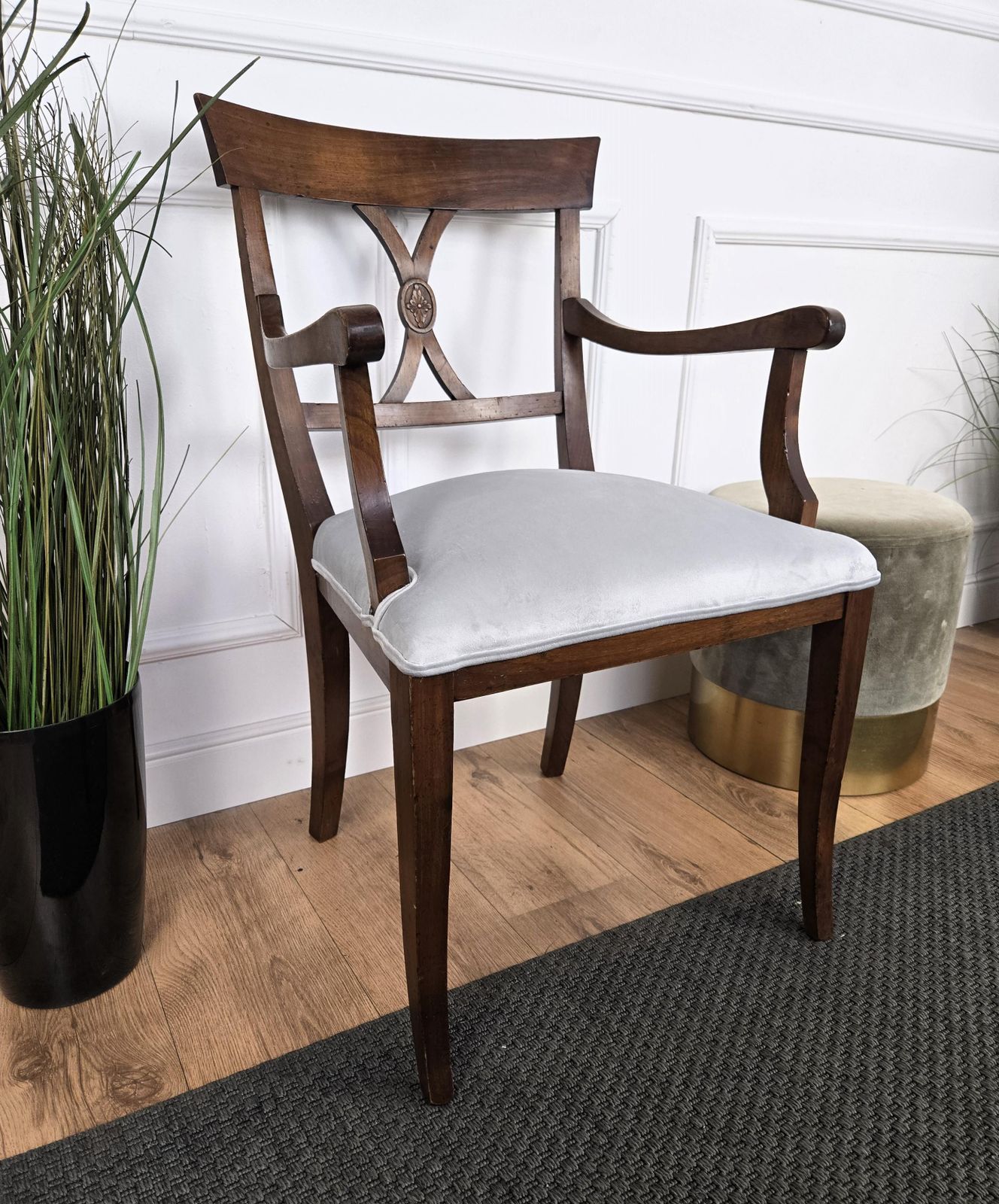 Italian Antique Walnut Newly Upholstered Open Armchair Office Desk Chair photo vintage