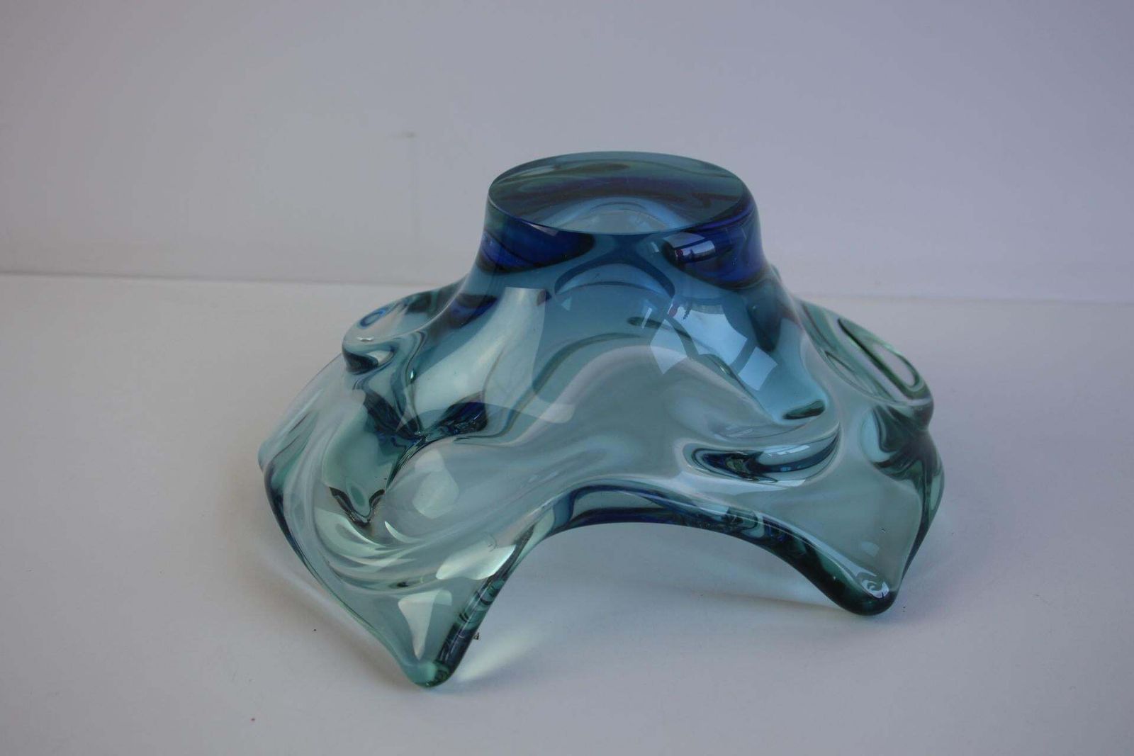 359.0 Mid Century Czech Art Glass Bowl By Chribska, Blue & Green, 1960s photo