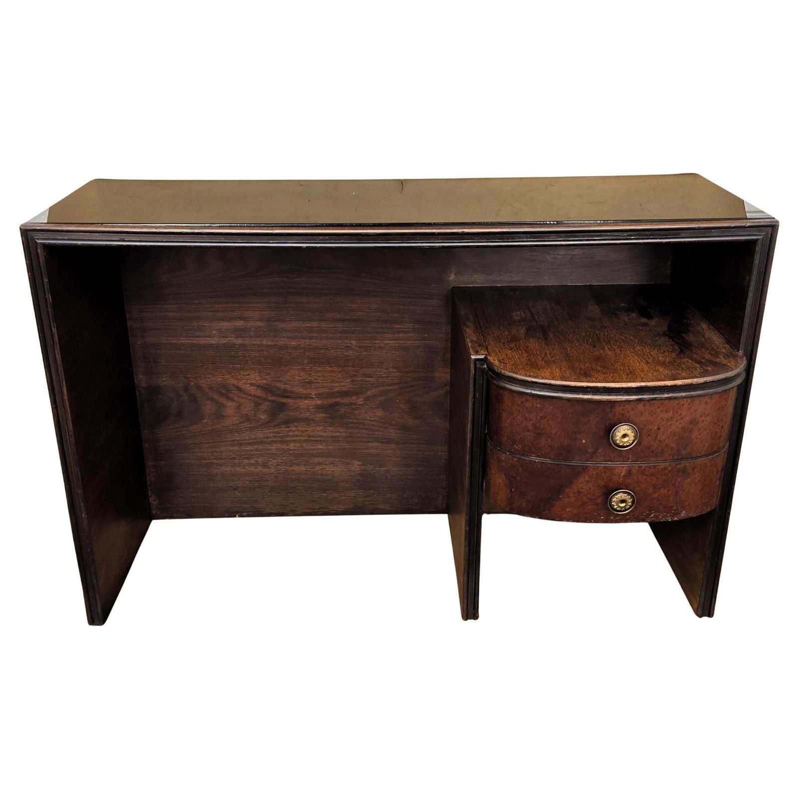 1940s Art Deco Midcentury Italian Walnut Burl Glass Writing Desk Table Console