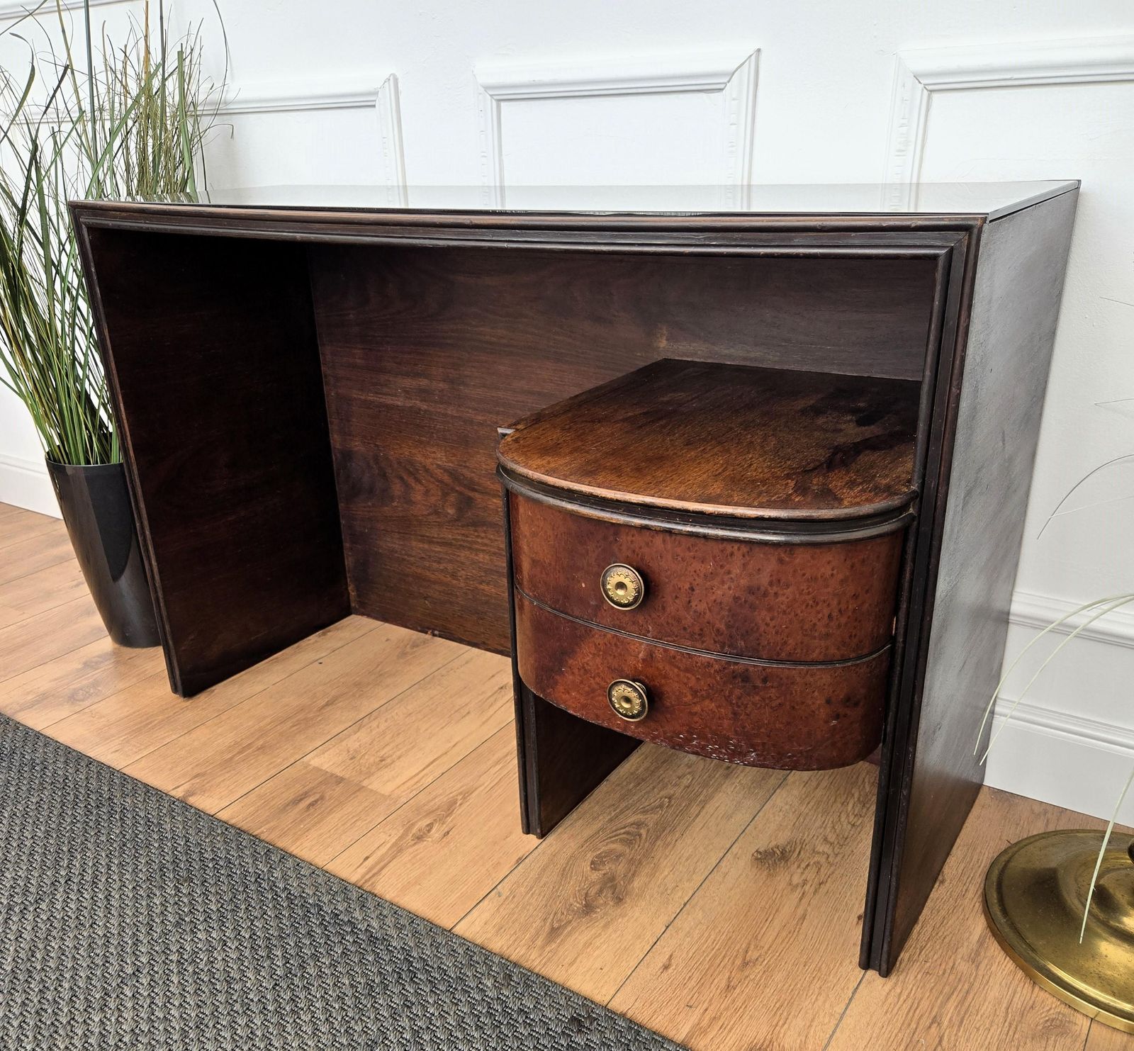 Furniture 1940s Art Deco Midcentury Italian Walnut Burl Glass Writing Desk Table Console photo