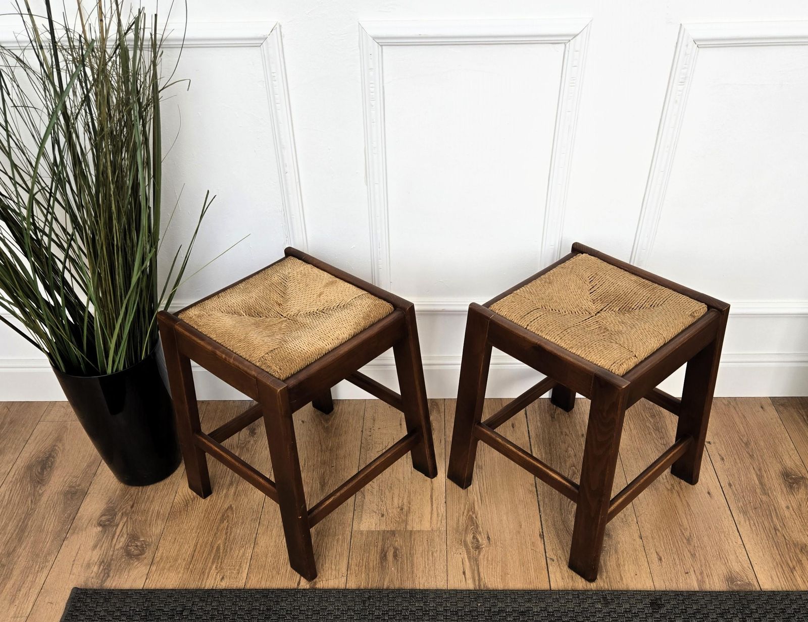 Pair Of 1960s Italian Midcentury Wood And Cord Woven Rope Stools photo vinterior