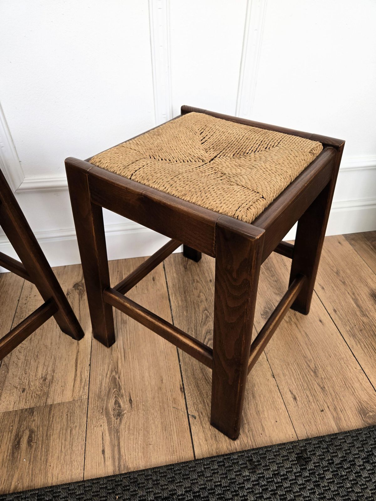 Pair Of 1960s Italian Midcentury Wood And Cord Woven Rope Stools photo vintage