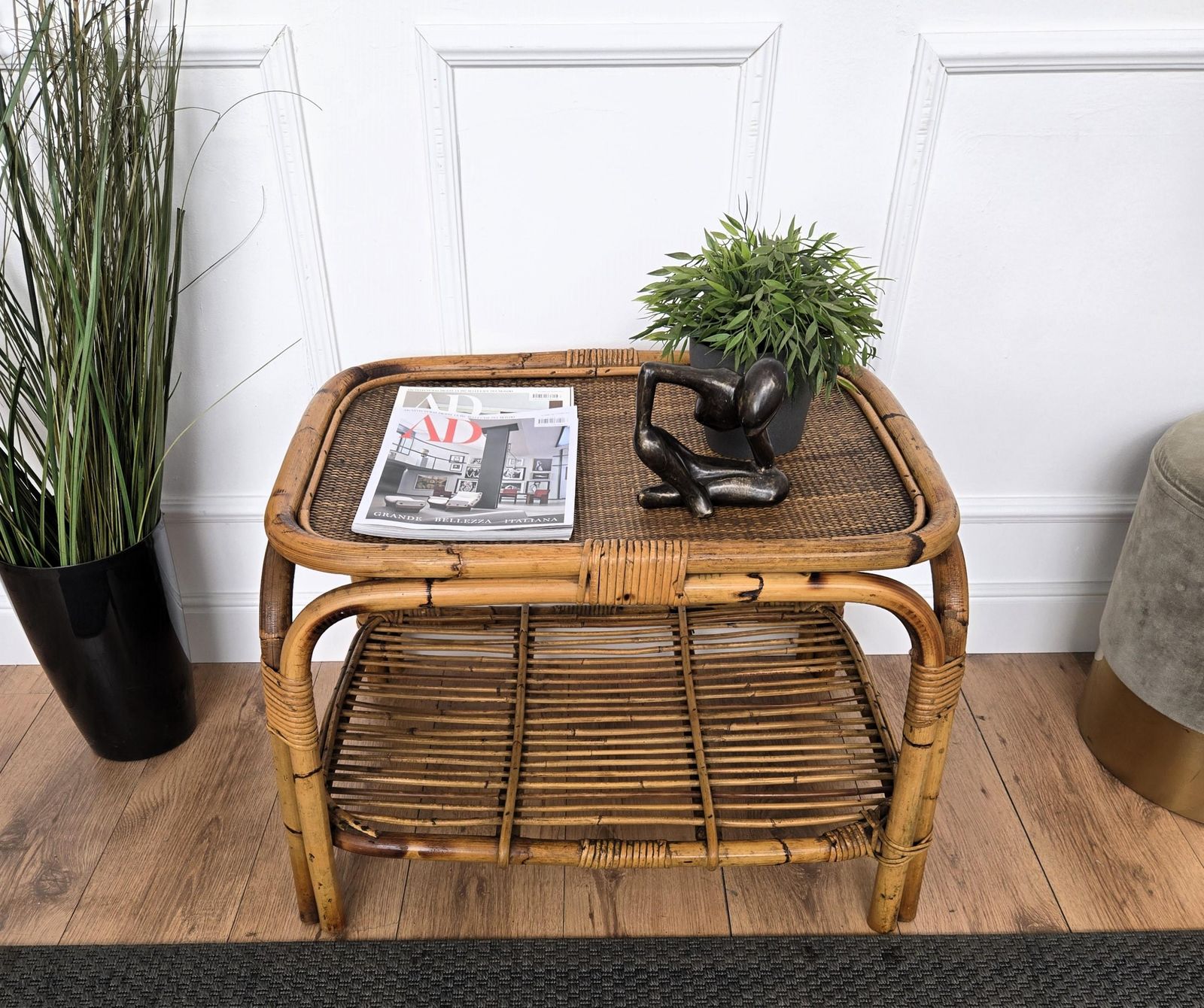 1960s Italian Bamboo Rattan Bohemian French Riviera Side Accent Table photo for sale