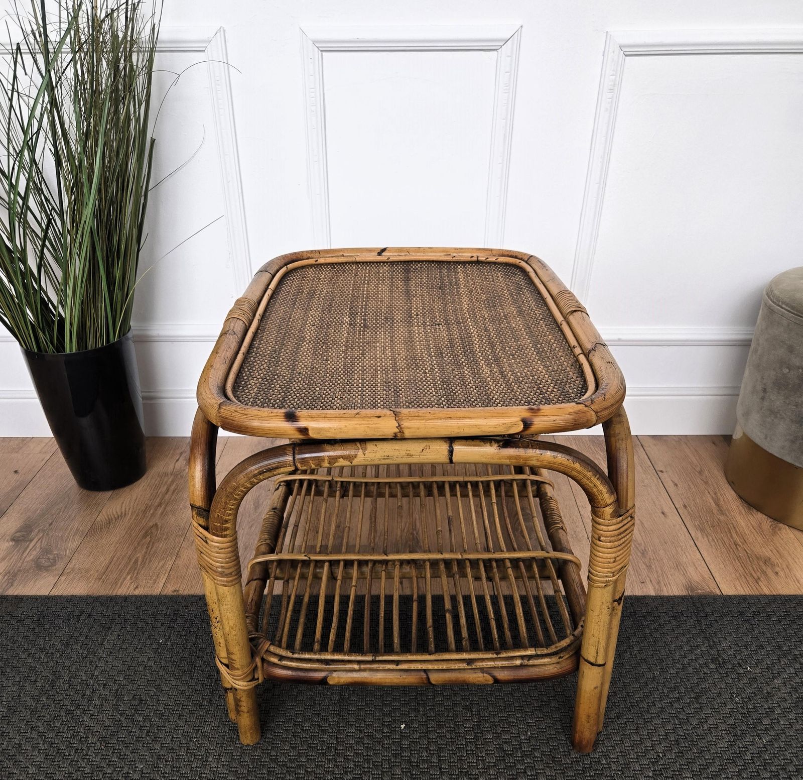 1960s Italian Bamboo Rattan Bohemian French Riviera Side Accent Table photo vintage