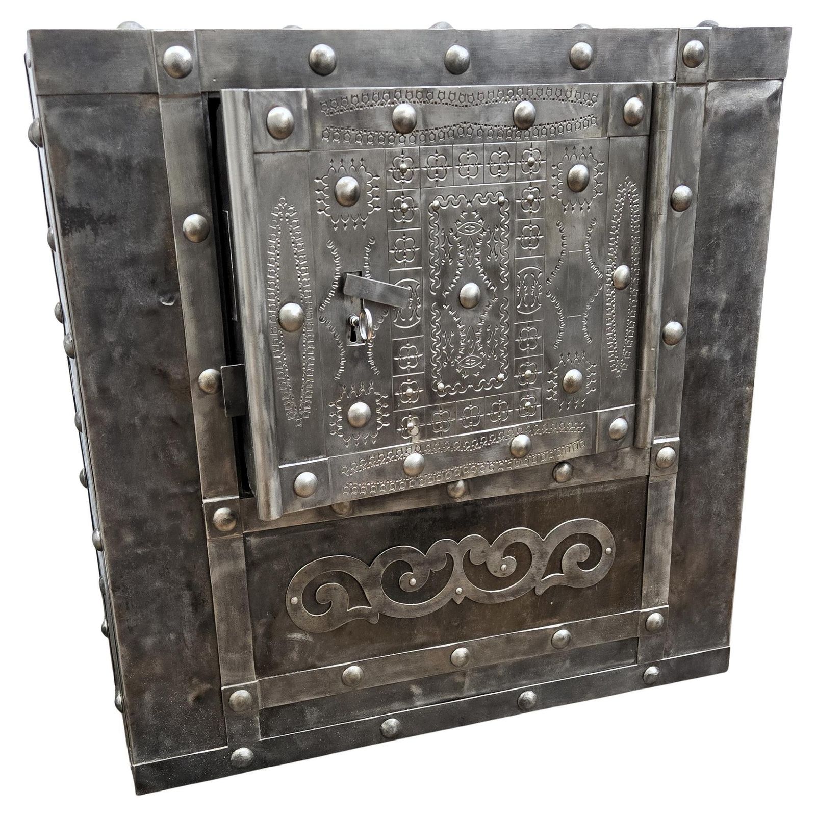 18th Century Wrought Iron Italian Antique Hobnail Safe Strong Box Bar Cabinet