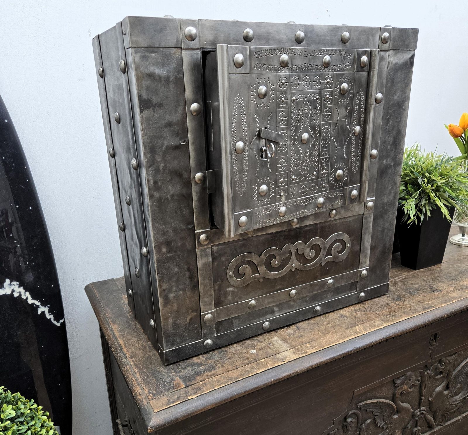 18th Century Wrought Iron Italian Antique Hobnail Safe Strong Box Bar Cabinet photo for sale