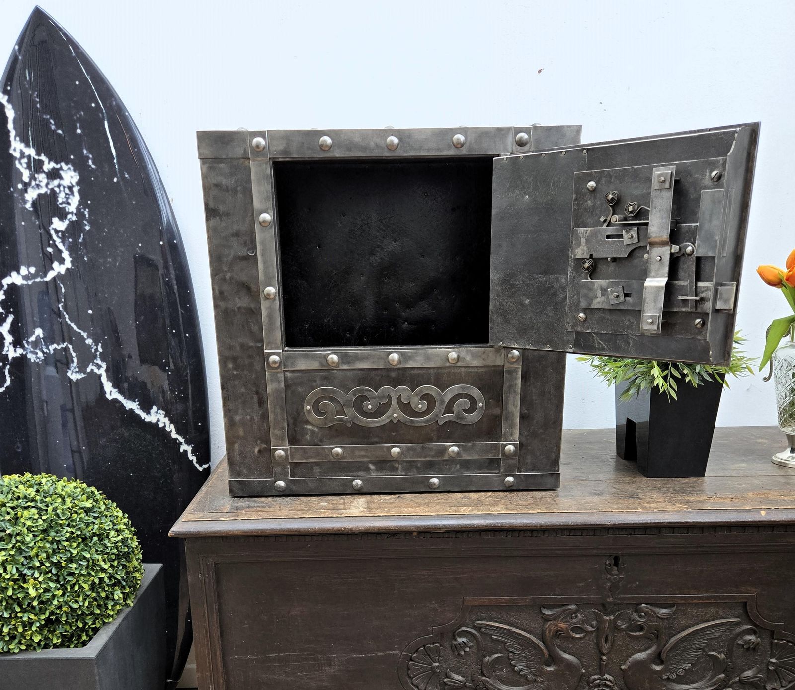 18th Century Wrought Iron Italian Antique Hobnail Safe Strong Box Bar Cabinet photo Furniture