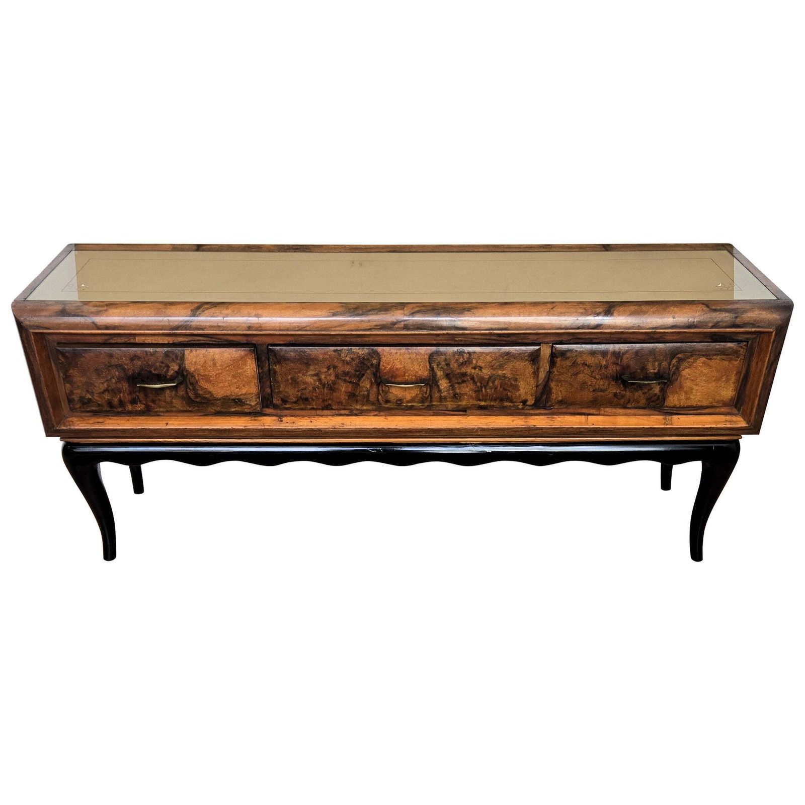 1950s Art Deco Mid Century Regency Italian Burl And Brass Low Consolle Sidetable