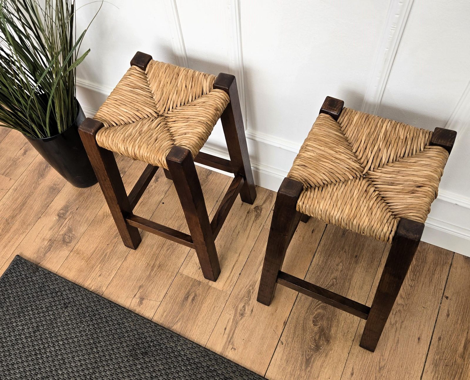 Pair Of 1960s Italian Midcentury Wood And Cord Woven Rope Stools photo for sale