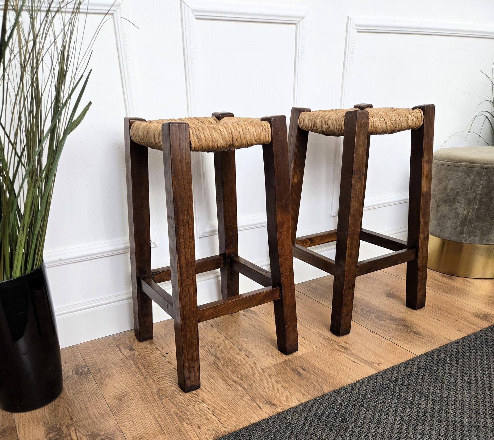 Pair Of 1960s Italian Midcentury Wood And Cord Woven Rope Stools photo 1040.0