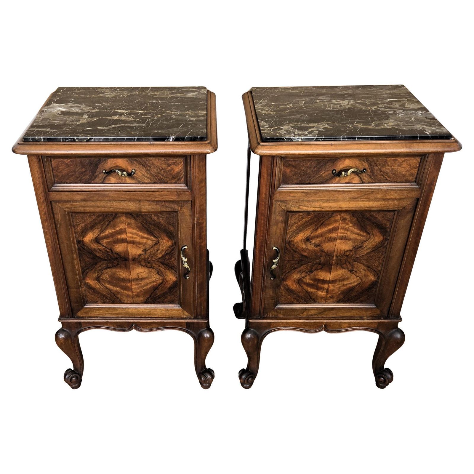 Pair Of Italian Antique Walnut Burl And Portoro Marble Night Stands Bed Tables