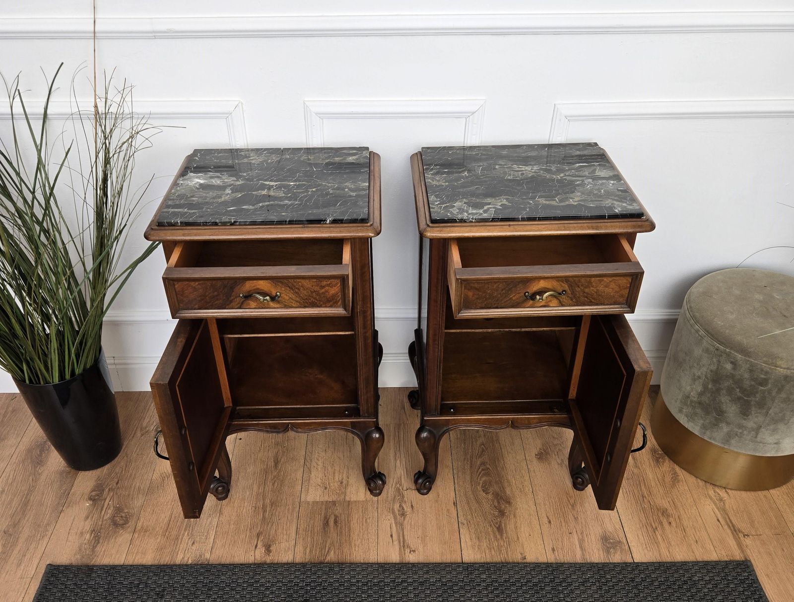 Pair Of Italian Antique Walnut Burl And Portoro Marble Night Stands Bed Tables photo buy