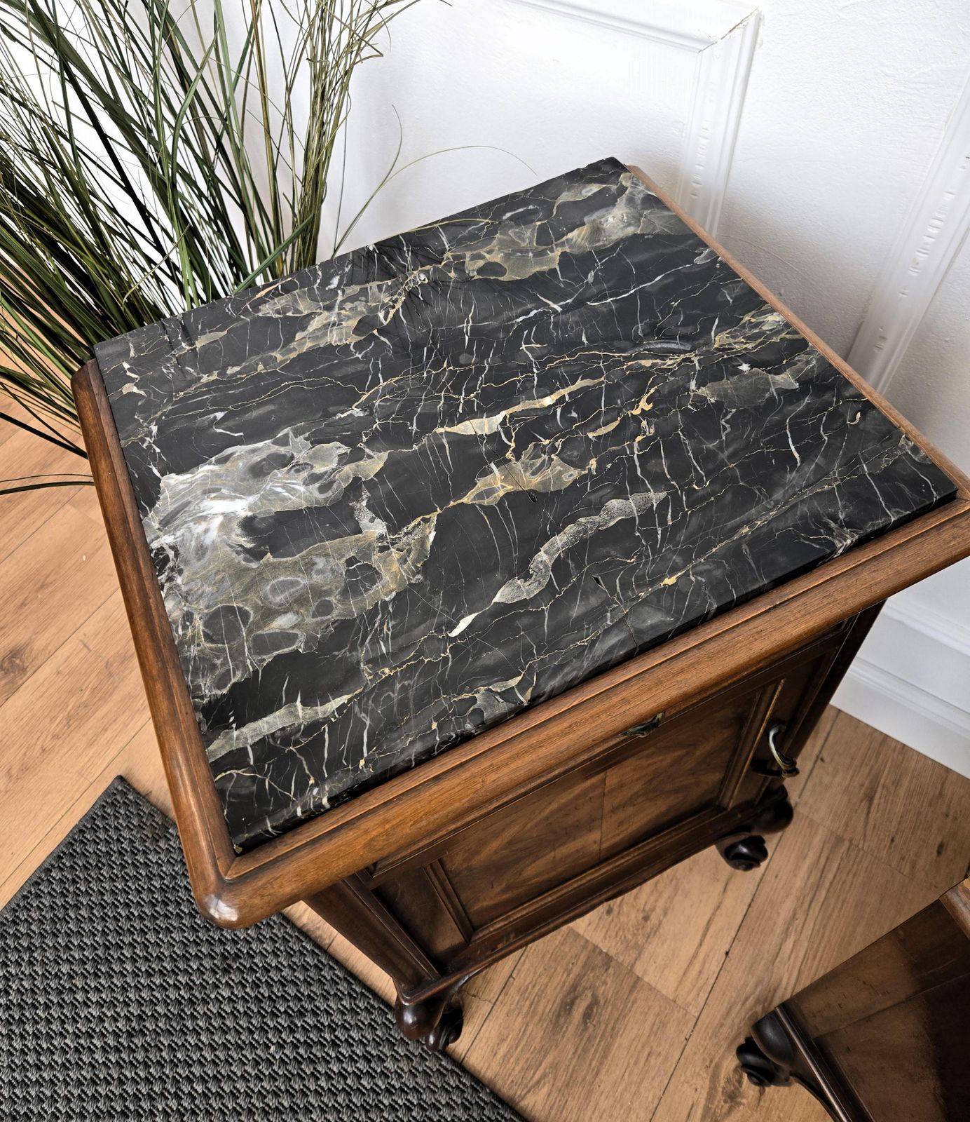 Pair Of Italian Antique Walnut Burl And Portoro Marble Night Stands Bed Tables photo vintage