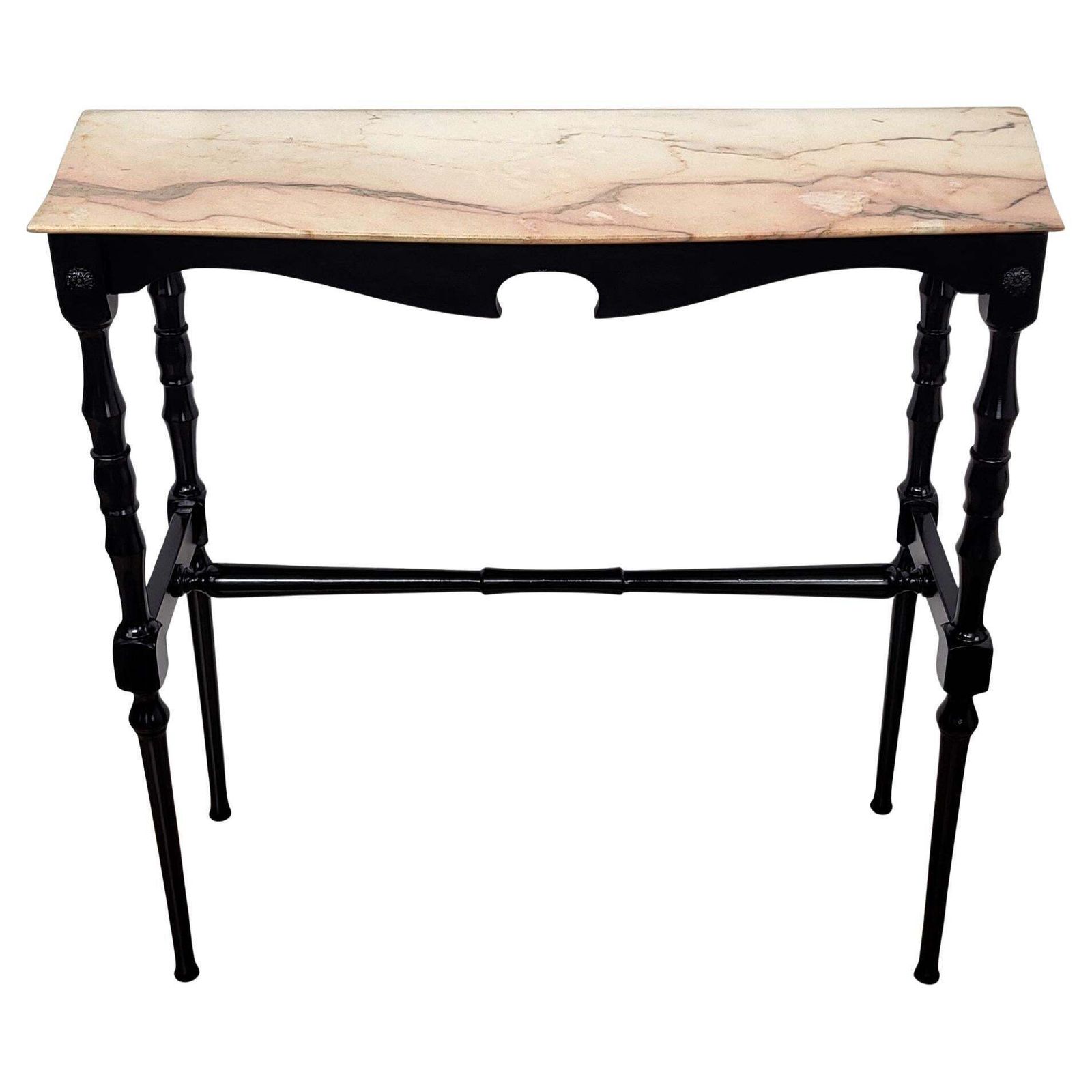1950s Midcentury Italian Black Wood Brass Wall Console Table With Marble Top