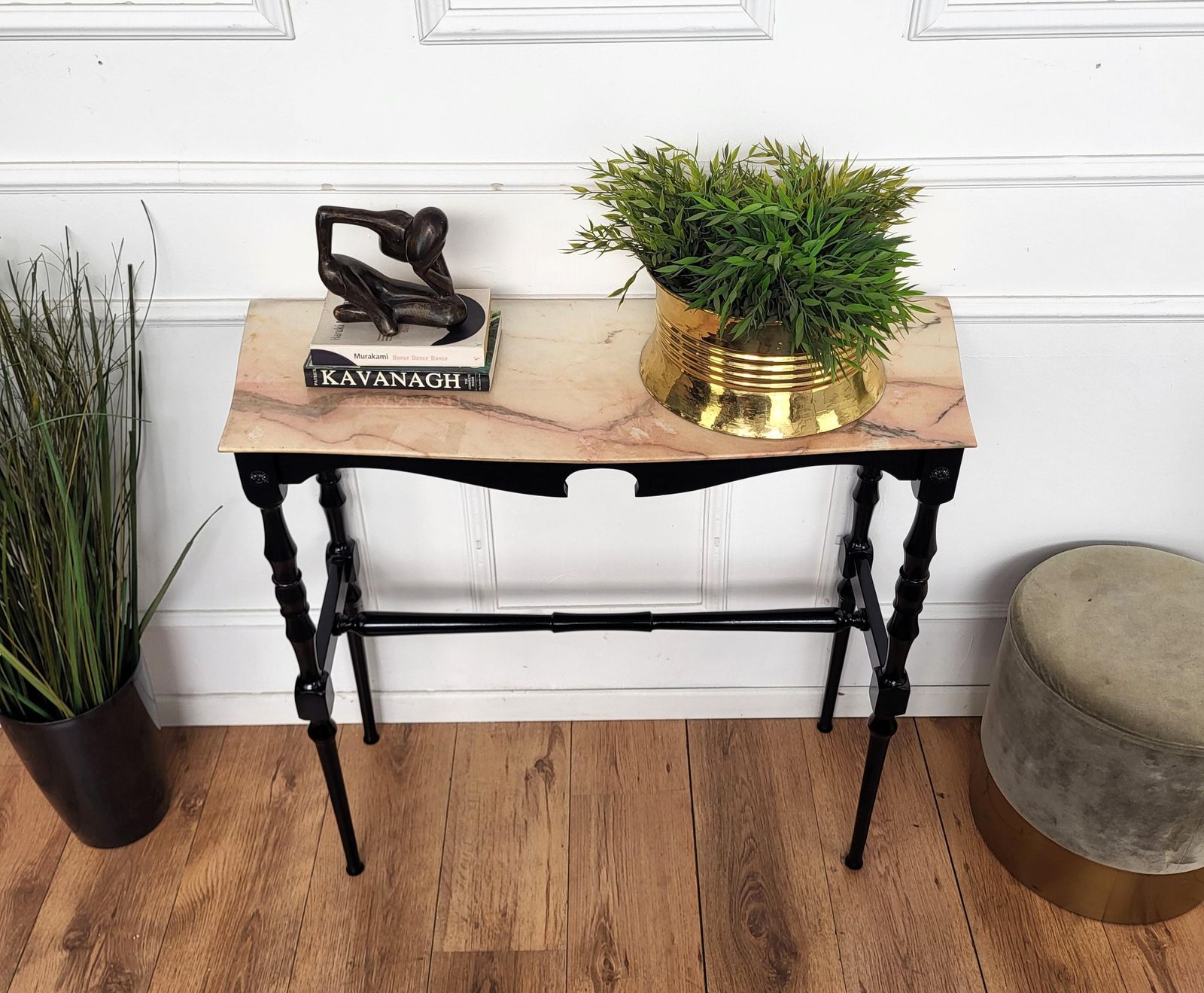 1950s Midcentury Italian Black Wood Brass Wall Console Table With Marble Top photo for sale
