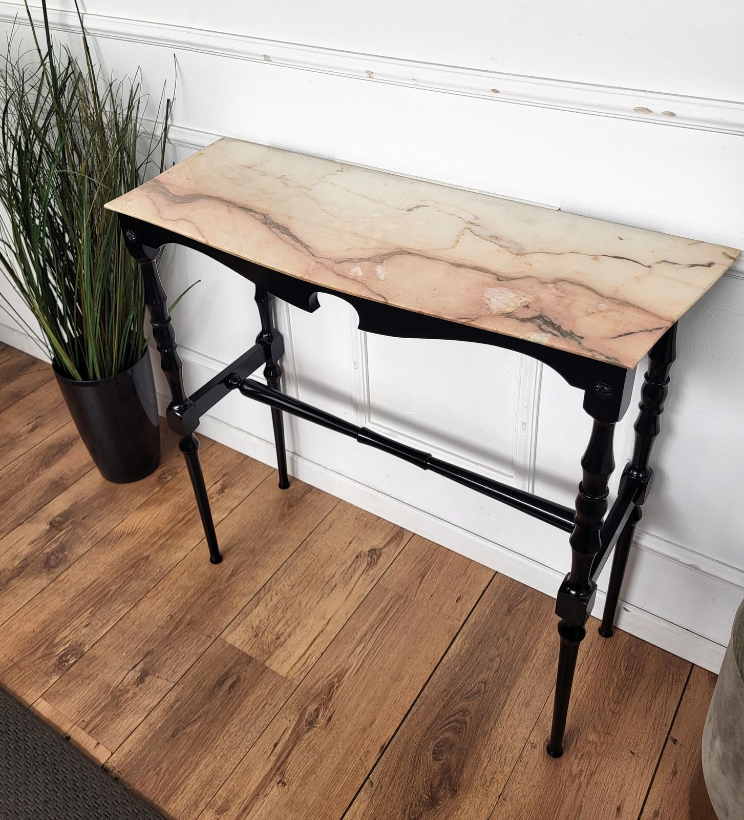 1950s Midcentury Italian Black Wood Brass Wall Console Table With Marble Top photo vinterior