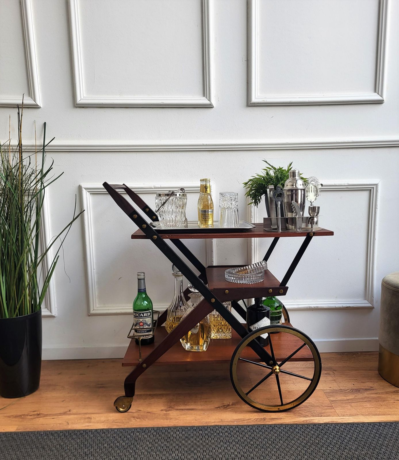 1950s Art Deco Midcentury Italian Wood And Brass Dry Bar Cabinet Liquor Cart photo furniture