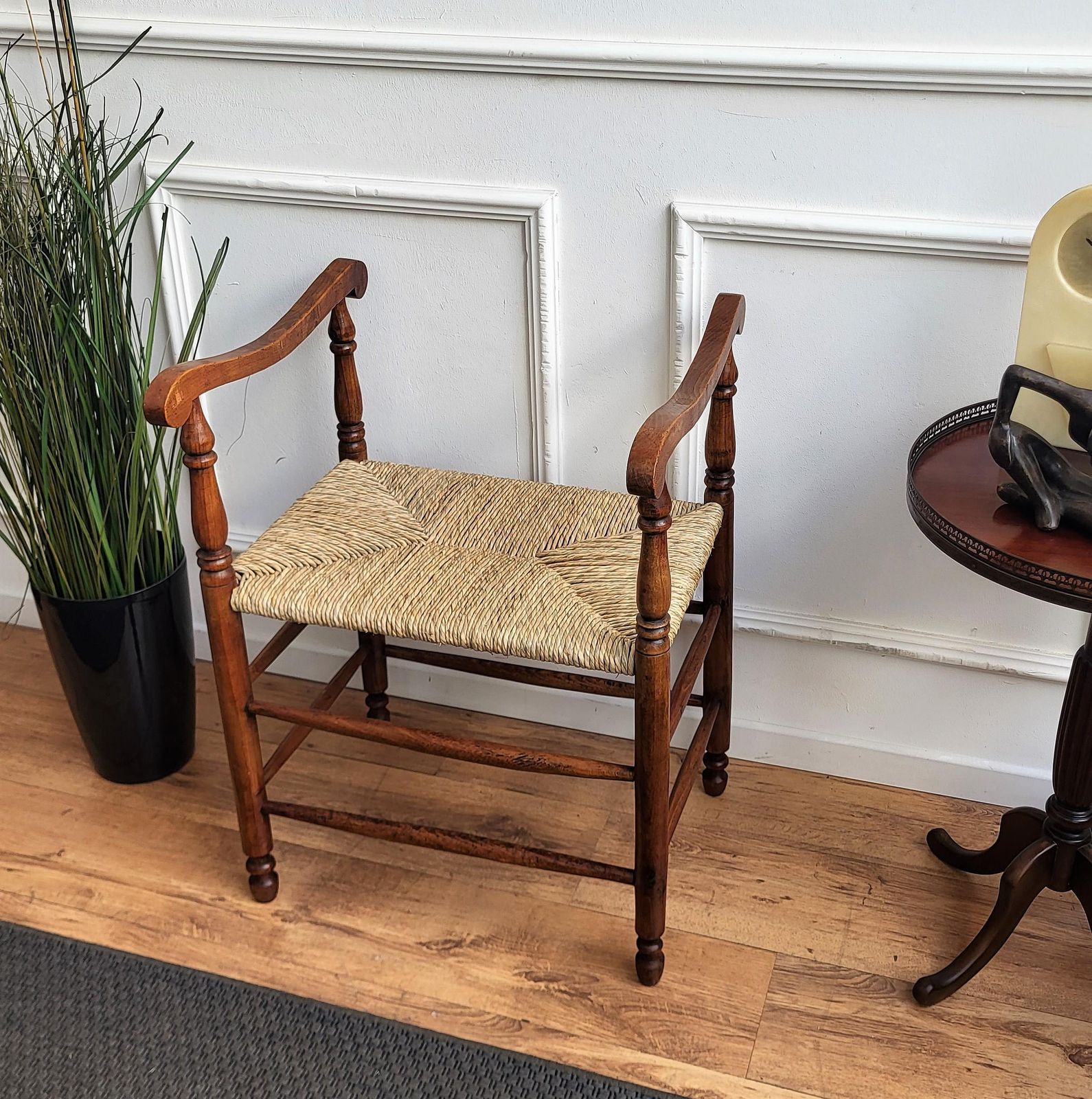 1960s Italian Midcentury Carved Wood And Cord Woven Rope Stool photo for sale