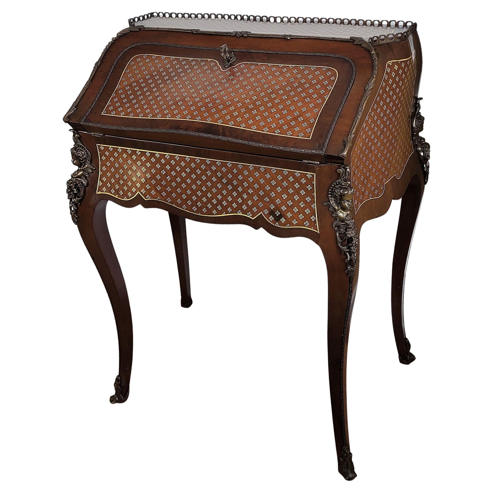 Italian Marquetry Walnut Burl Secretary Slant Front Desk Writing Table