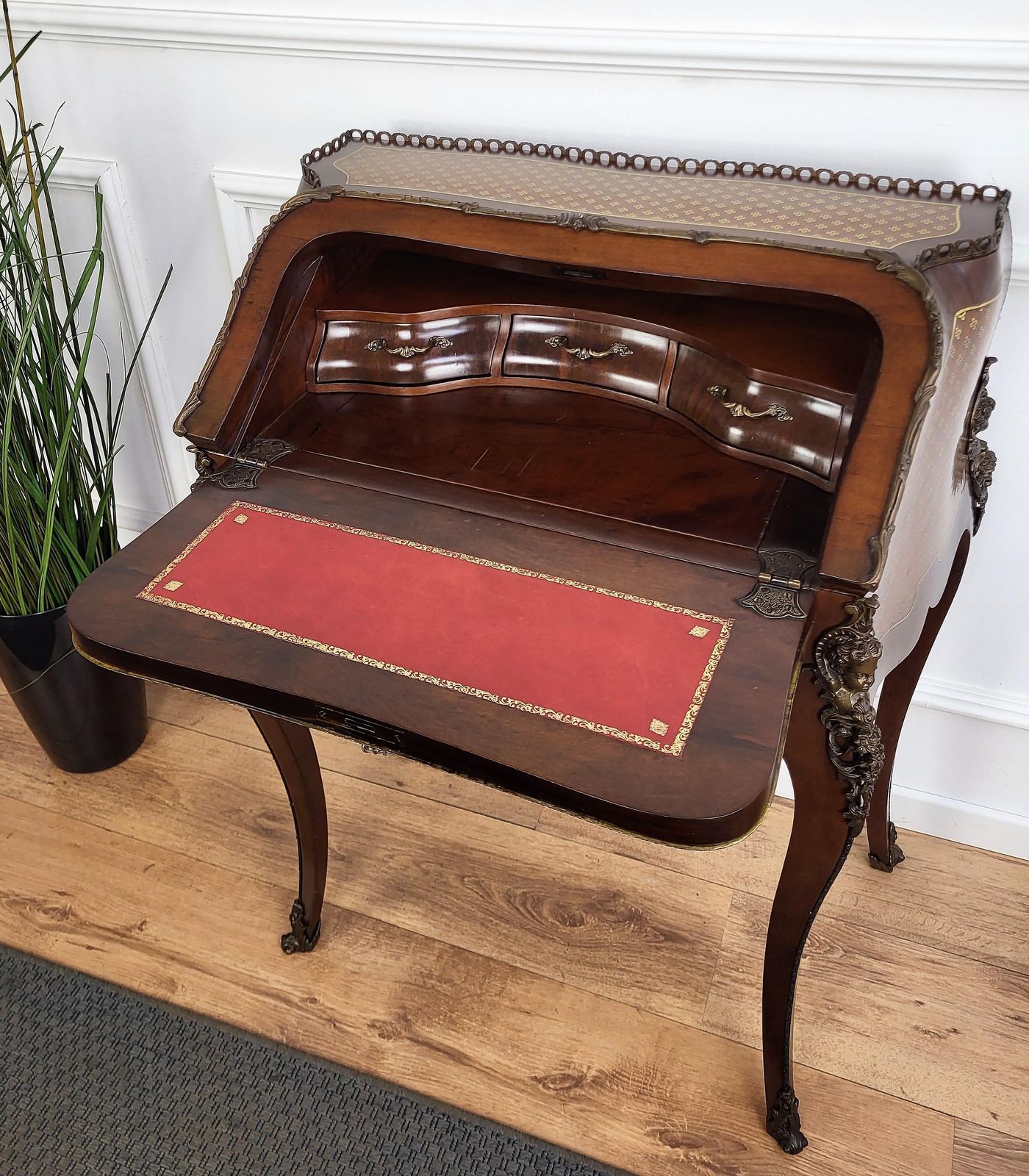 Italian Marquetry Walnut Burl Secretary Slant Front Desk Writing Table photo vintage