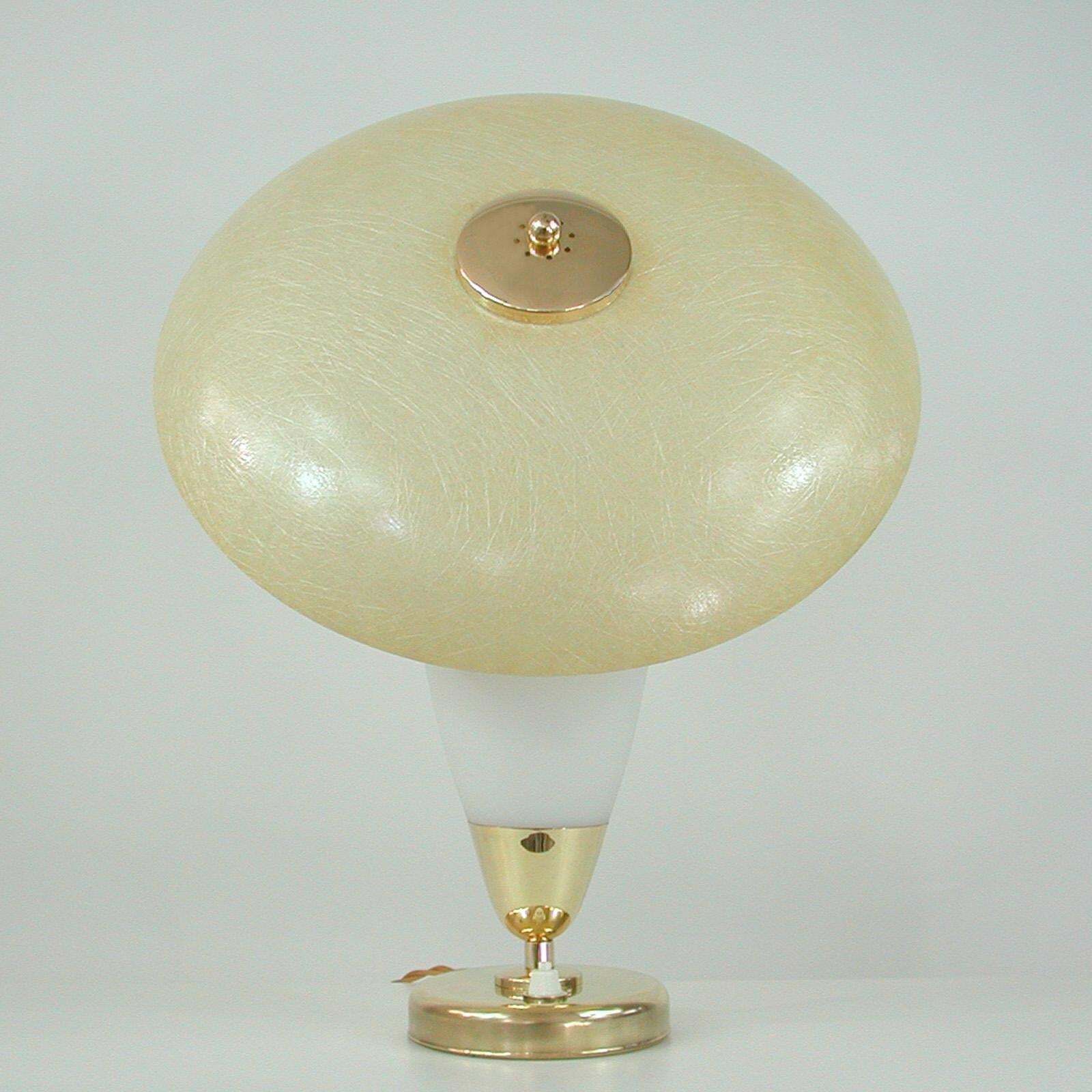 Midcentury Swedish Modern Brass, Opaline And Fiberglass Saucer Table Lamp, 1950s photo furniture