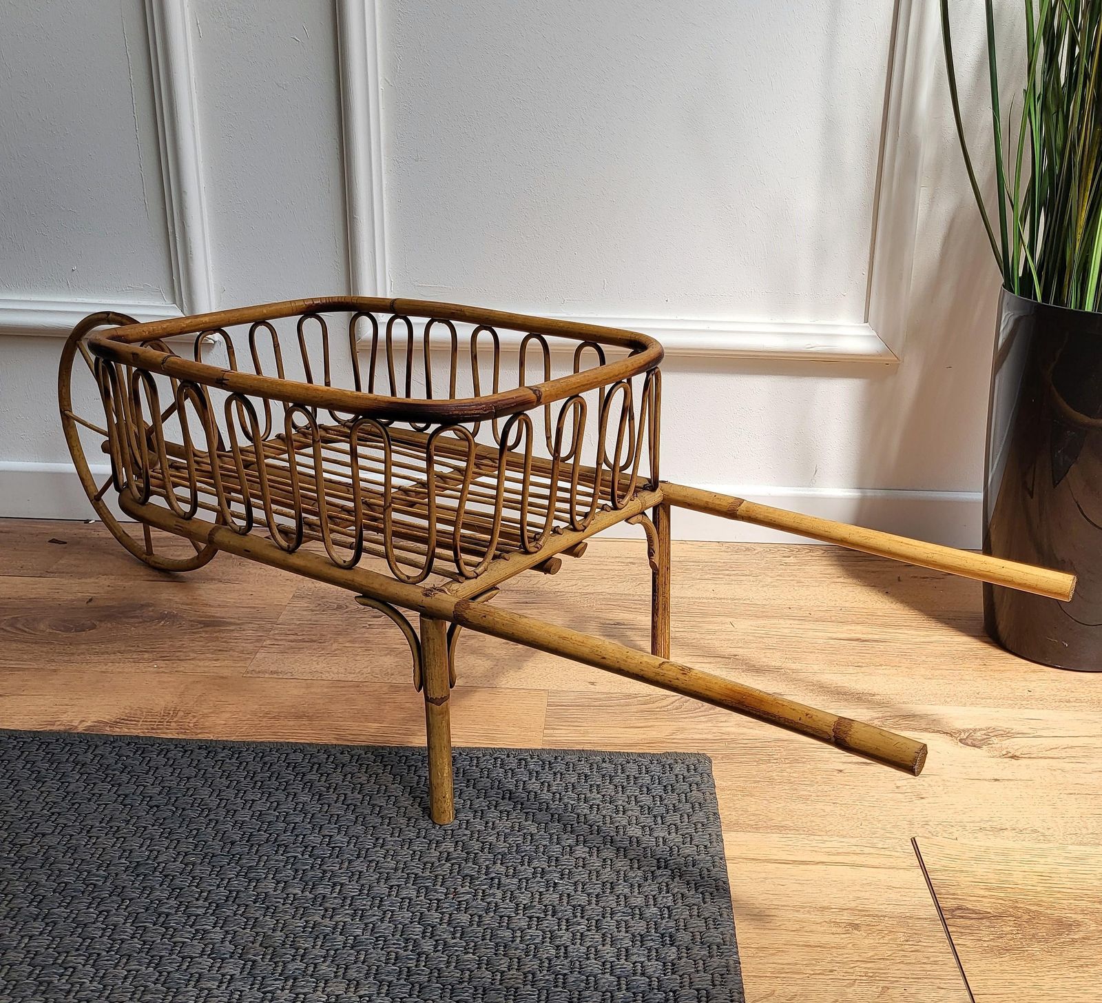 1960s Italian Bamboo Rattan Bohemian French Riviera Basket Magazine Wheelbarrow photo Home Decor