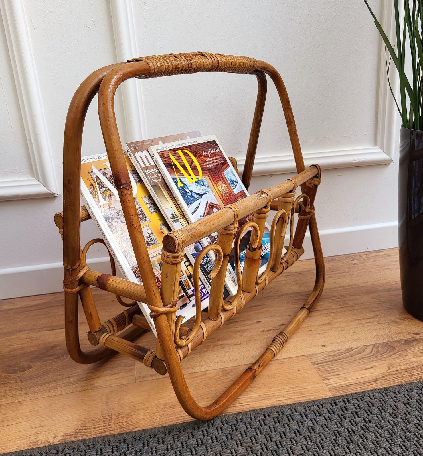 1960s Italian Bamboo Rattan Bohemian French Riviera Magazine Rack Stand photo Home Decor