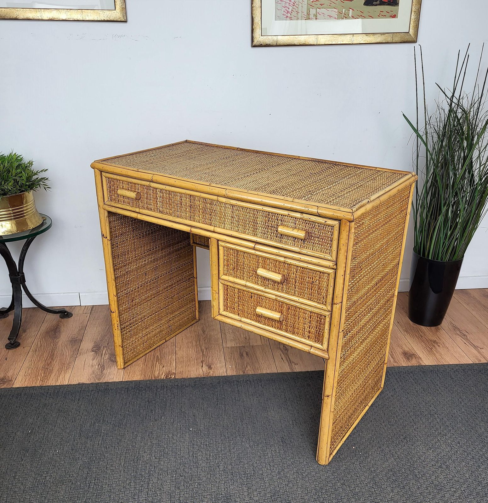 Mid Century Bamboo, Wood And Rattan Writing Table Desk With Drawers, Italy 1970s photo for sale