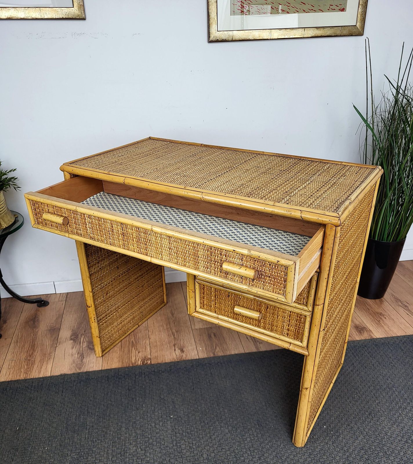 Mid Century Bamboo, Wood And Rattan Writing Table Desk With Drawers, Italy 1970s photo vinterior