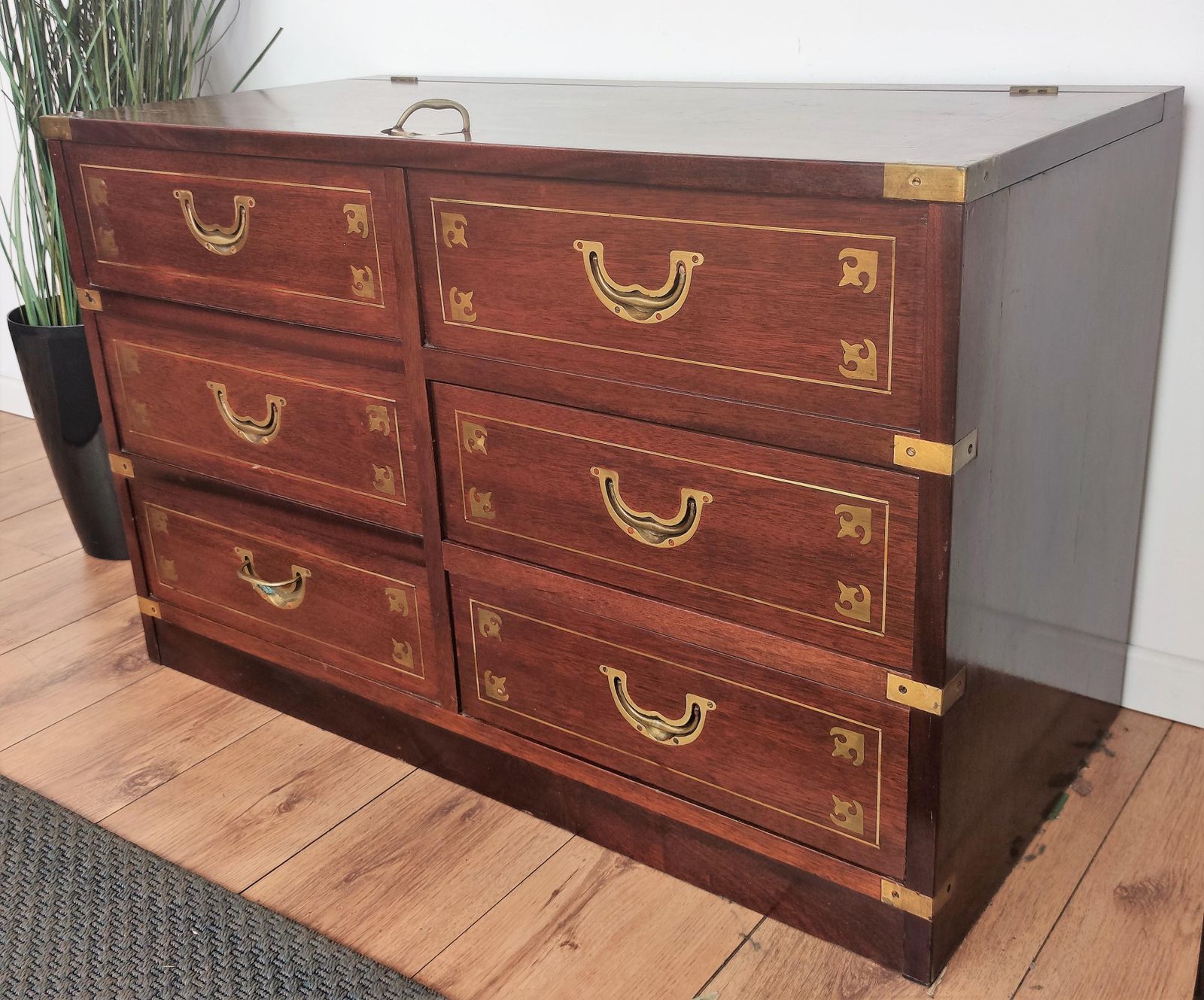 Italian Midcentury Wood And Brass Marine Military Campaign Style Chest photo vinterior