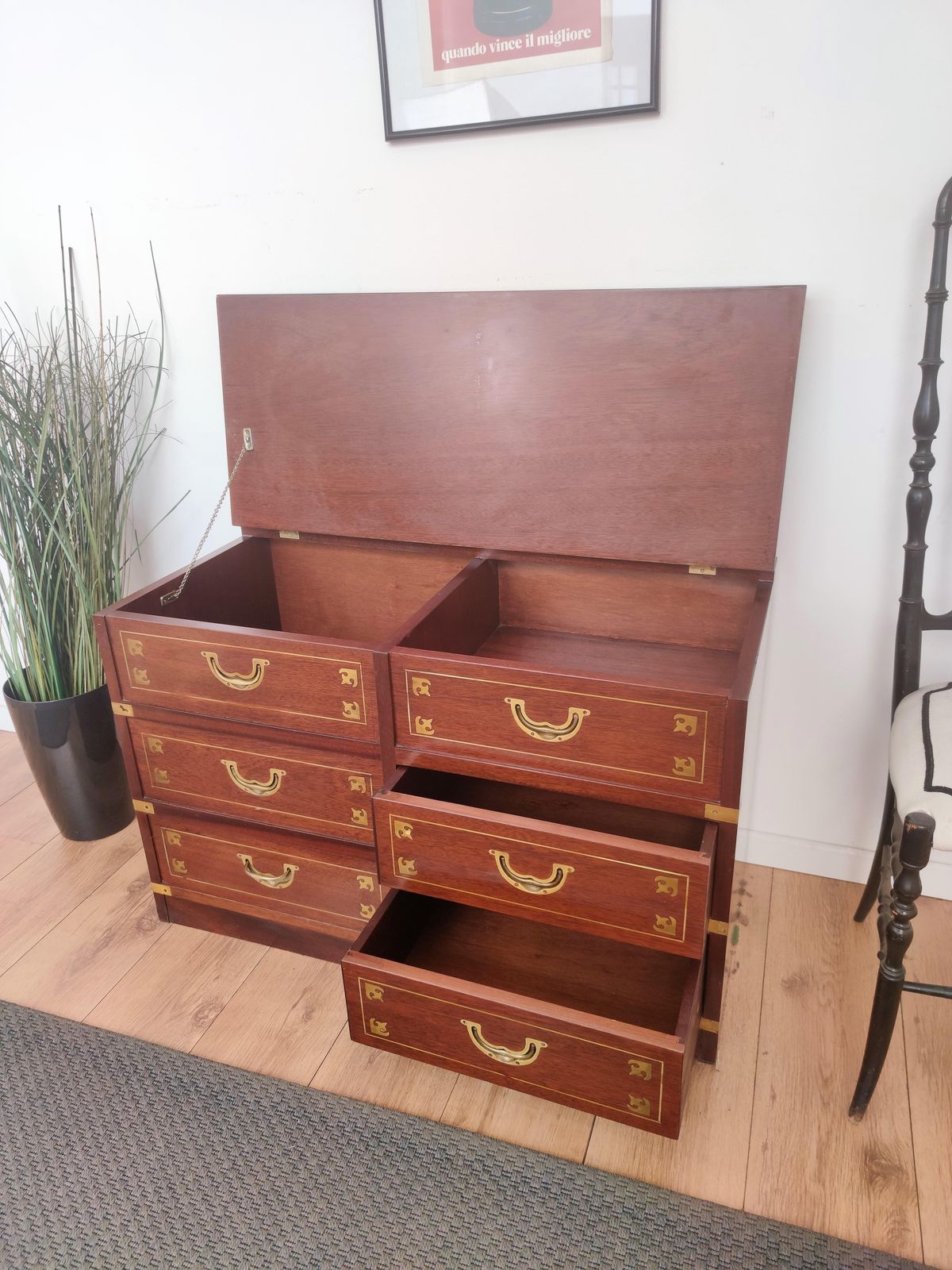 Italian Midcentury Wood And Brass Marine Military Campaign Style Chest photo vintage