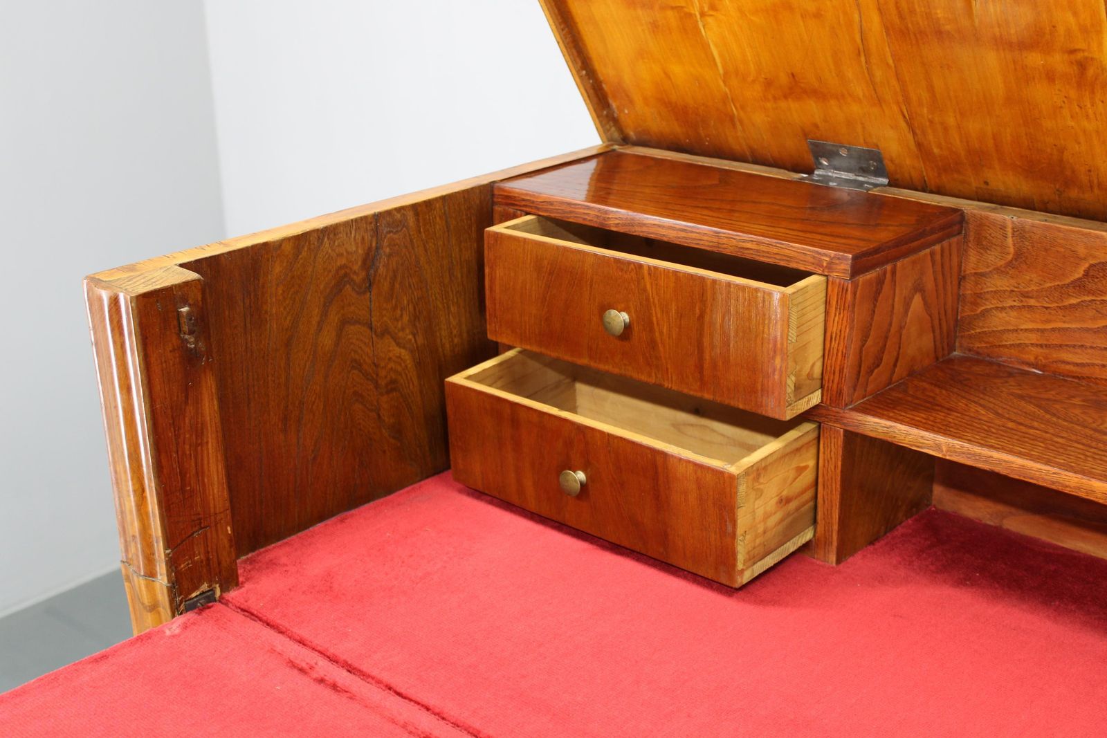 photo vintage 1930s Antique Cabinet With Writing Area In Walnut Finish, Czechoslovakia