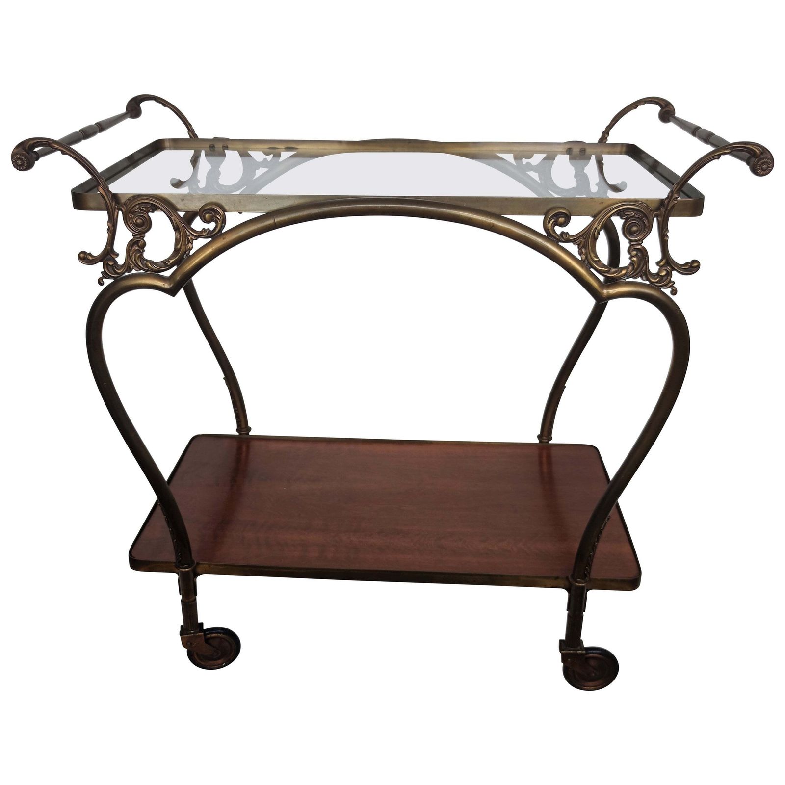 Art Deco Mid Century Modern Italian Two Tier Gilt Brass Bar Cart