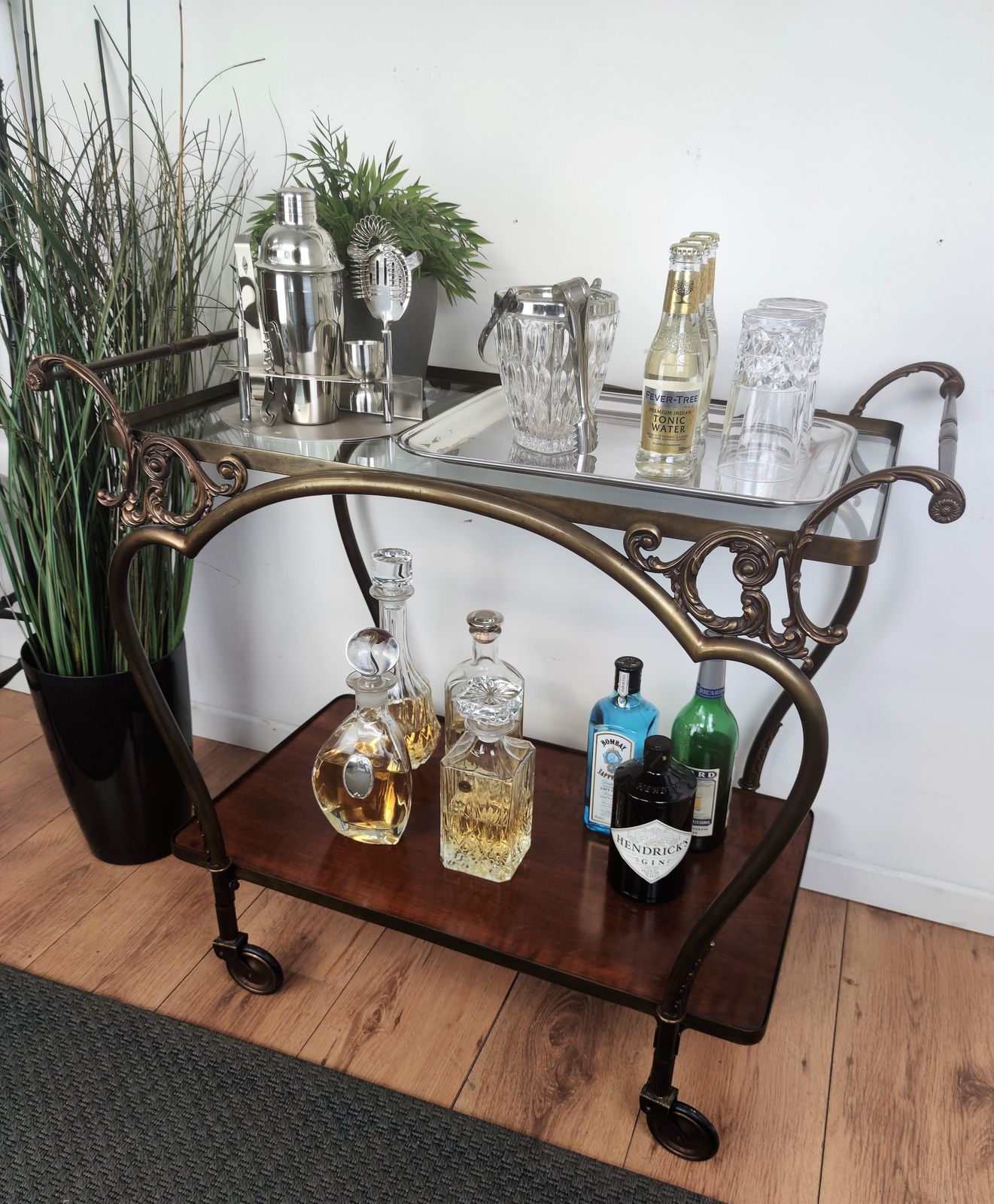 Art Deco Mid Century Modern Italian Two Tier Gilt Brass Bar Cart photo Home Decor