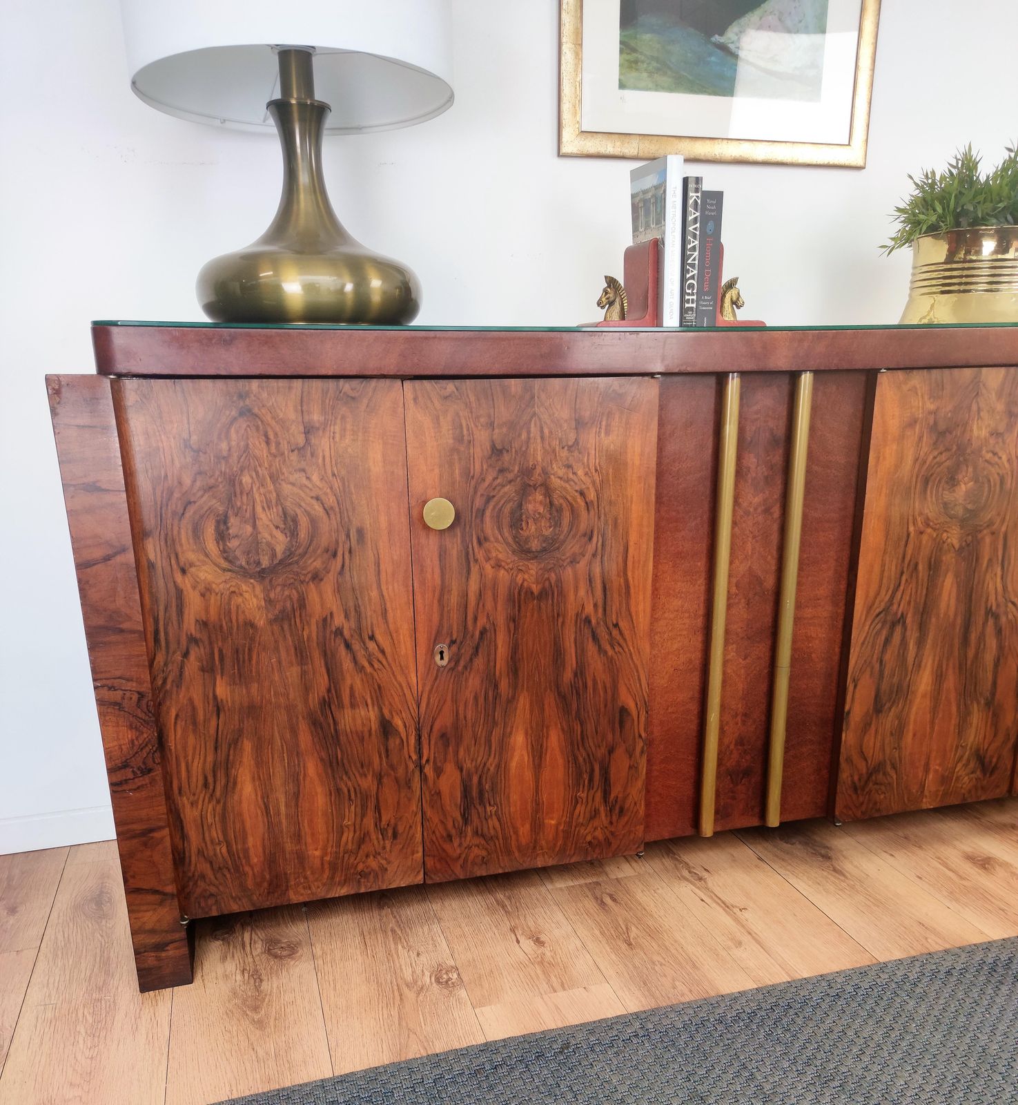 1940s Art Deco Mid Century Modern Italian Walnut Burl Brass Sideboard Credenza photo 3539.0