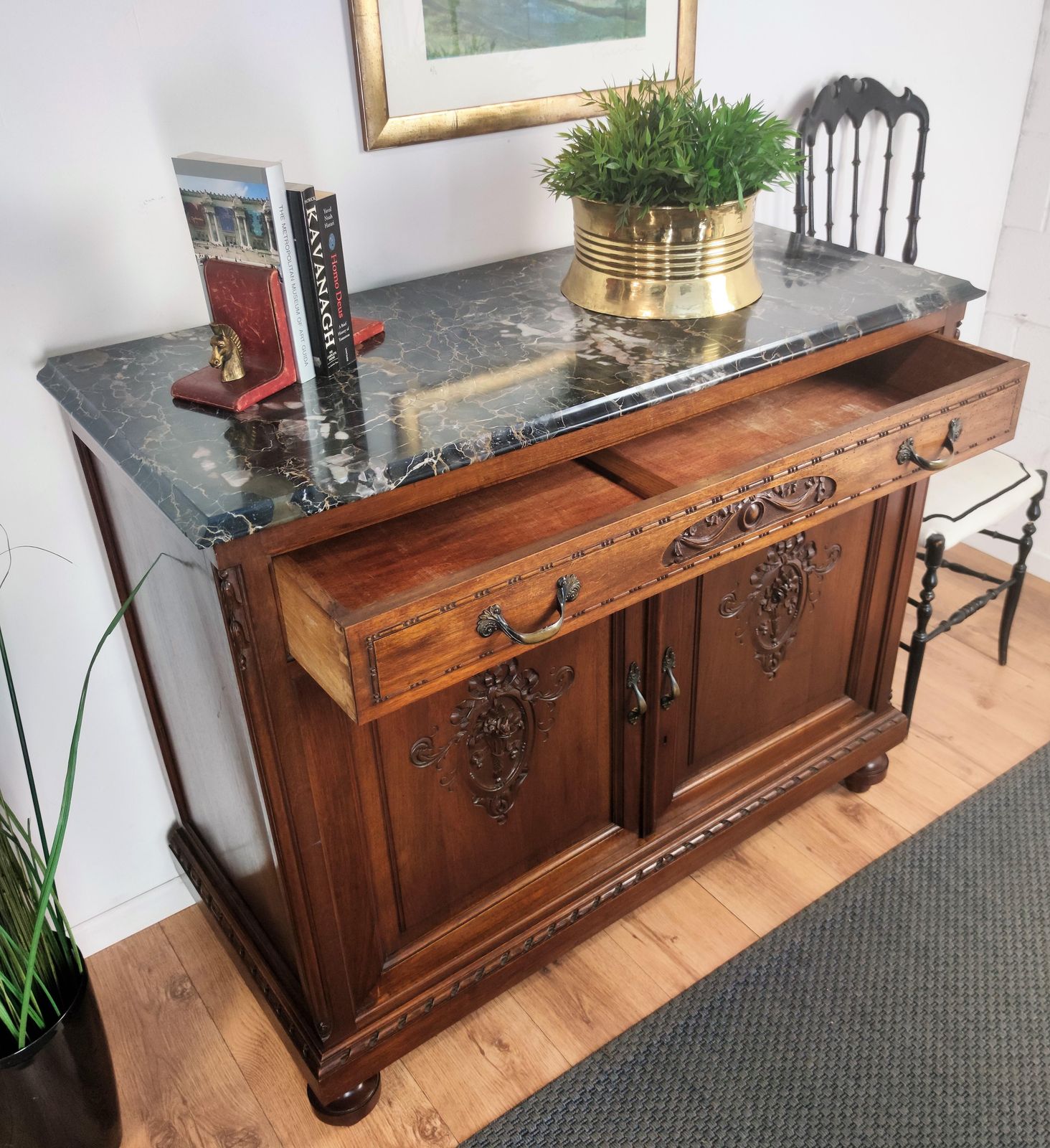 Antique Italian Walnut, Brass And Marble Top Chest Of Drawers Commode Credenza photo buy