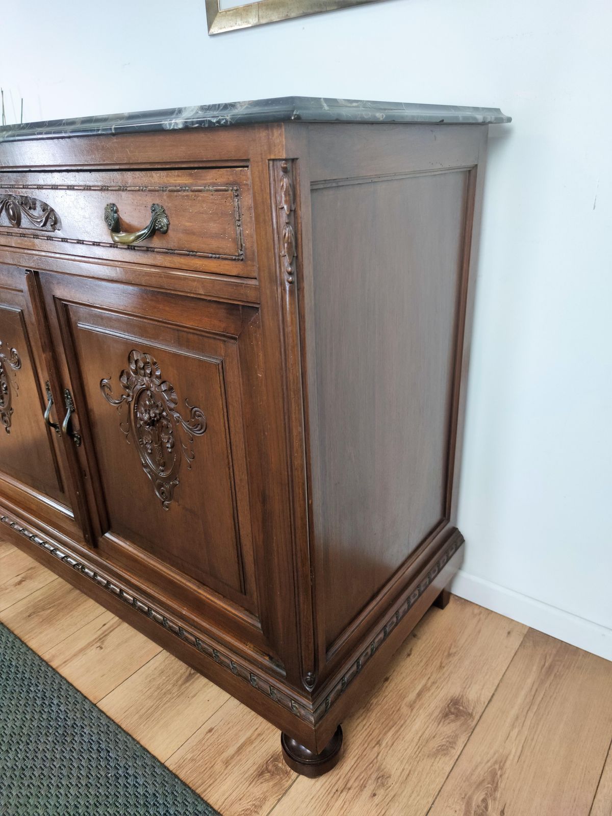 Antique Italian Walnut, Brass And Marble Top Chest Of Drawers Commode Credenza photo vintage