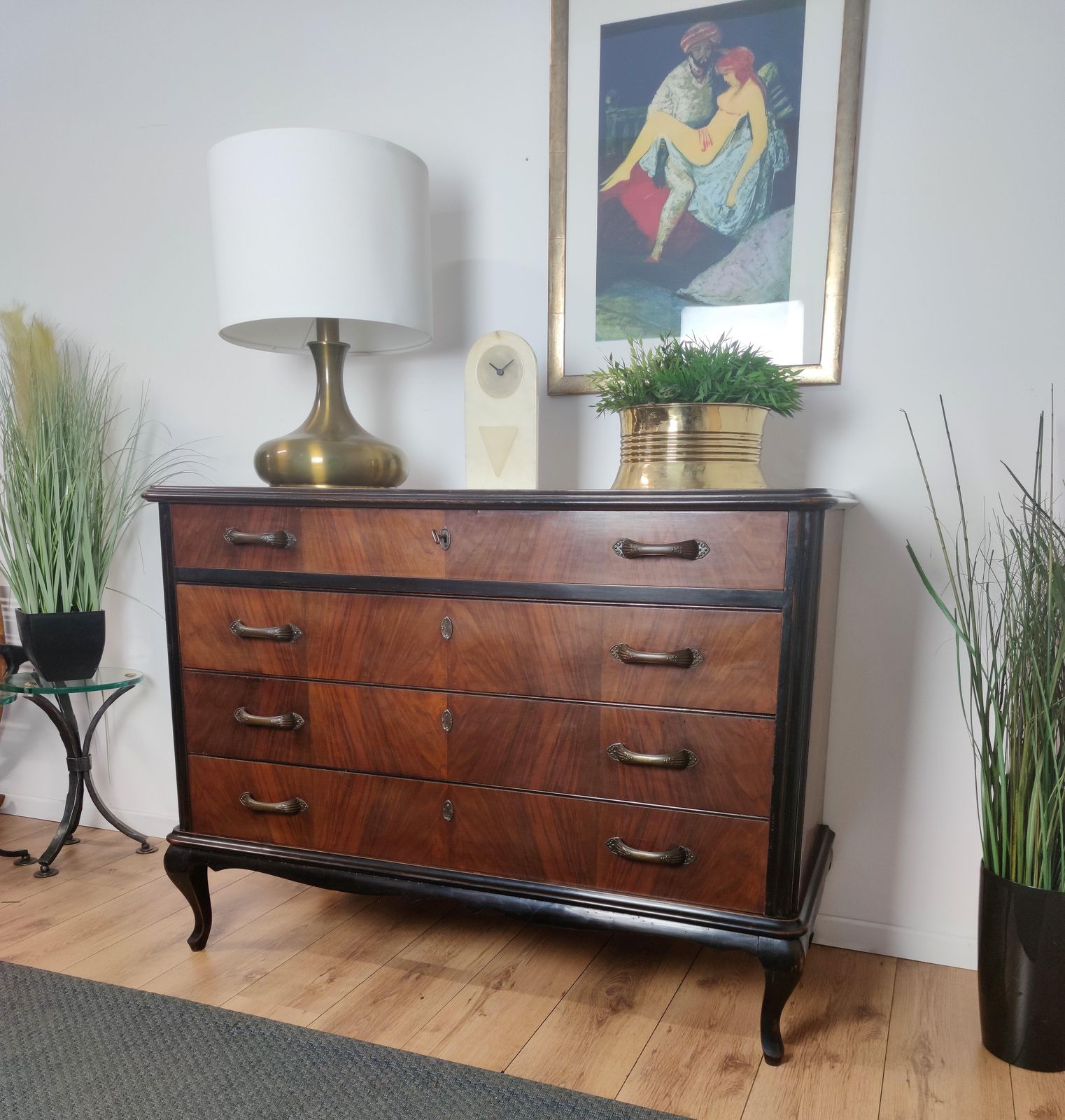 Italian Mid Century Modern Wood And Brass Commode Dresser Chest Of 4 Drawers photo furniture