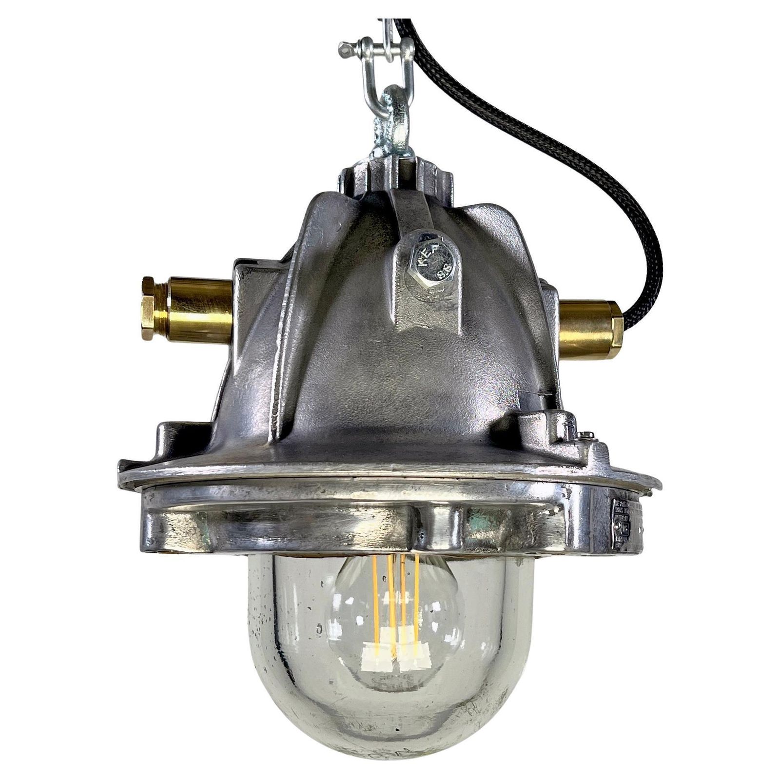 1980's French Legrand Cast Aluminium Explosion Proof Pendant Light Glass Shade