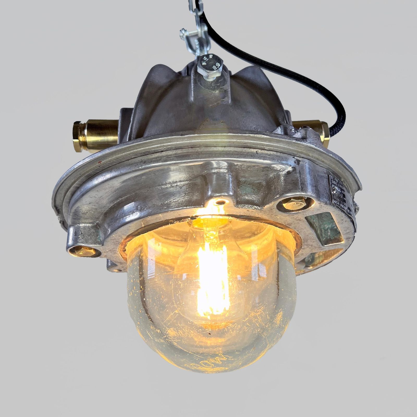 1980's French Legrand Cast Aluminium Explosion Proof Pendant Light Glass Shade photo for sale